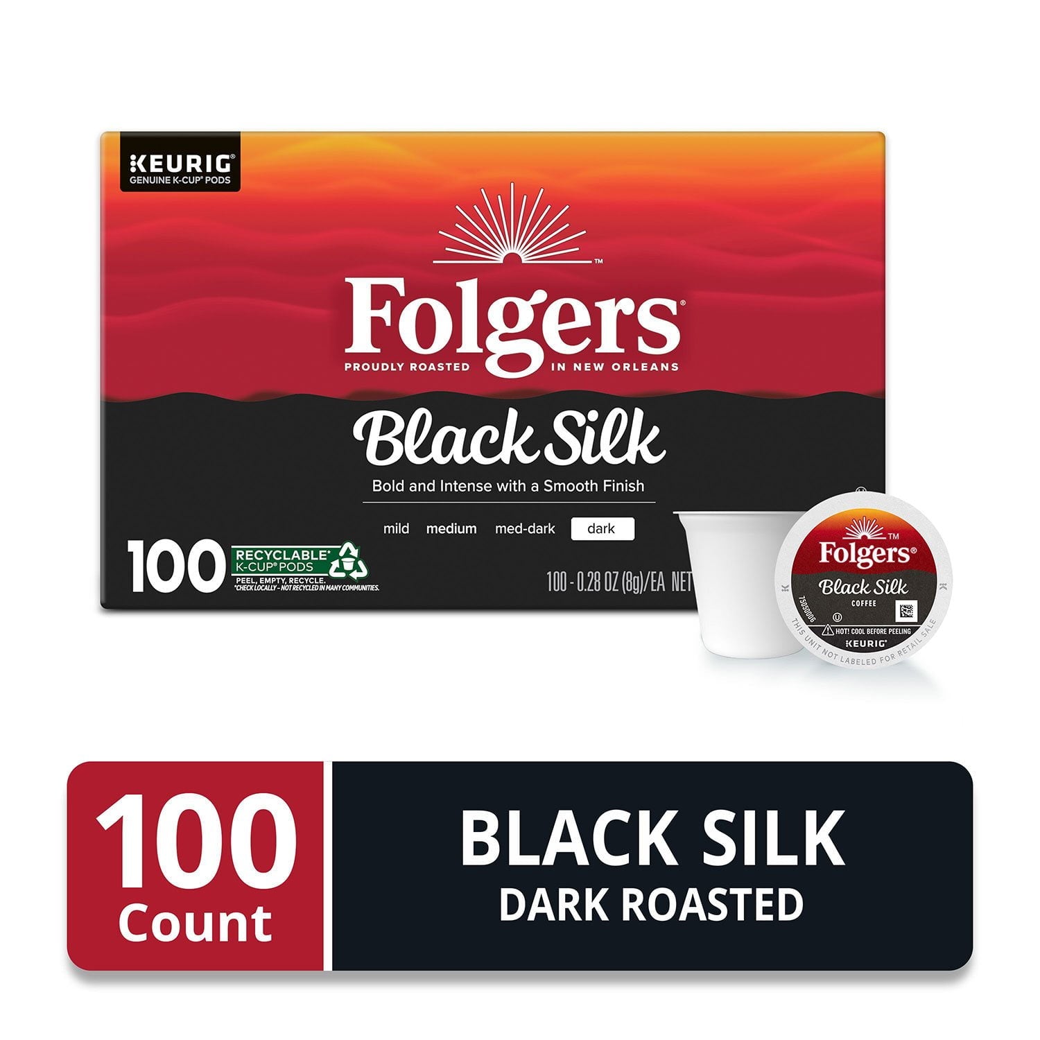 フォルジャーズ ダークロースト K-Cup コーヒーポッド、ブラックシルク、100 個入り。