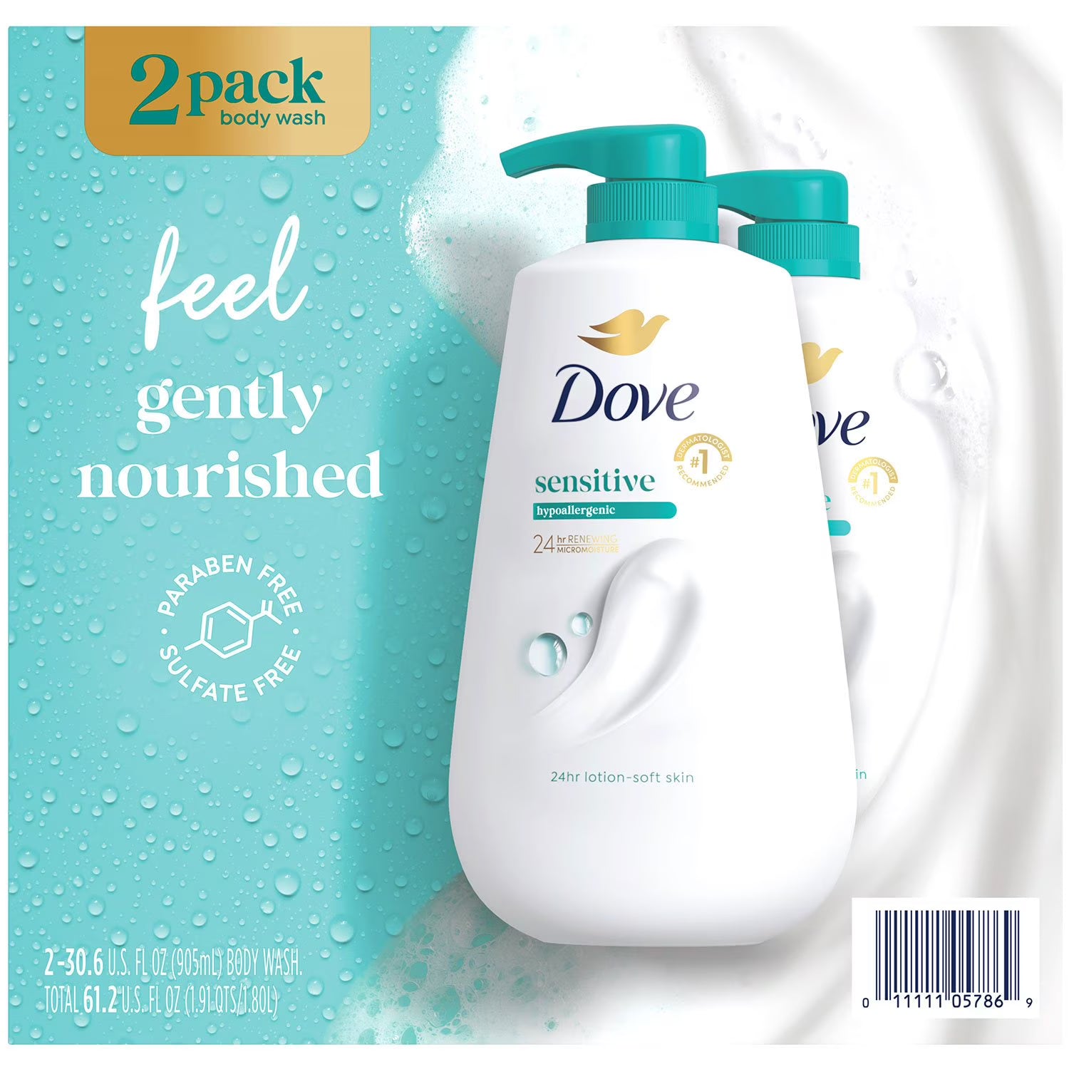 도브 센서티브 스킨 바디 워시 펌프형 30.6 fl. oz., 2 ct. – 민감한 피부도 부담 없이 사용할 수 있는 순한 사용감