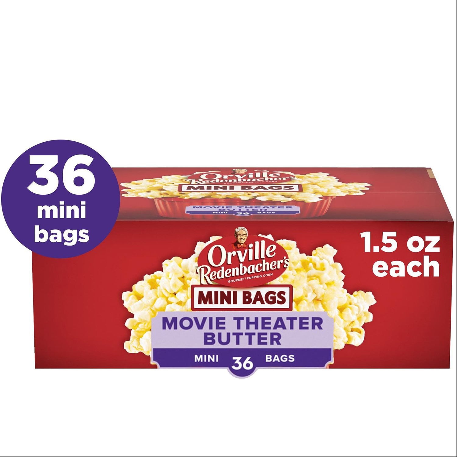 Orville Redenbacher のムービーバター電子レンジポップコーン、ミニバッグ、1.5 オンス、36 個入り。
