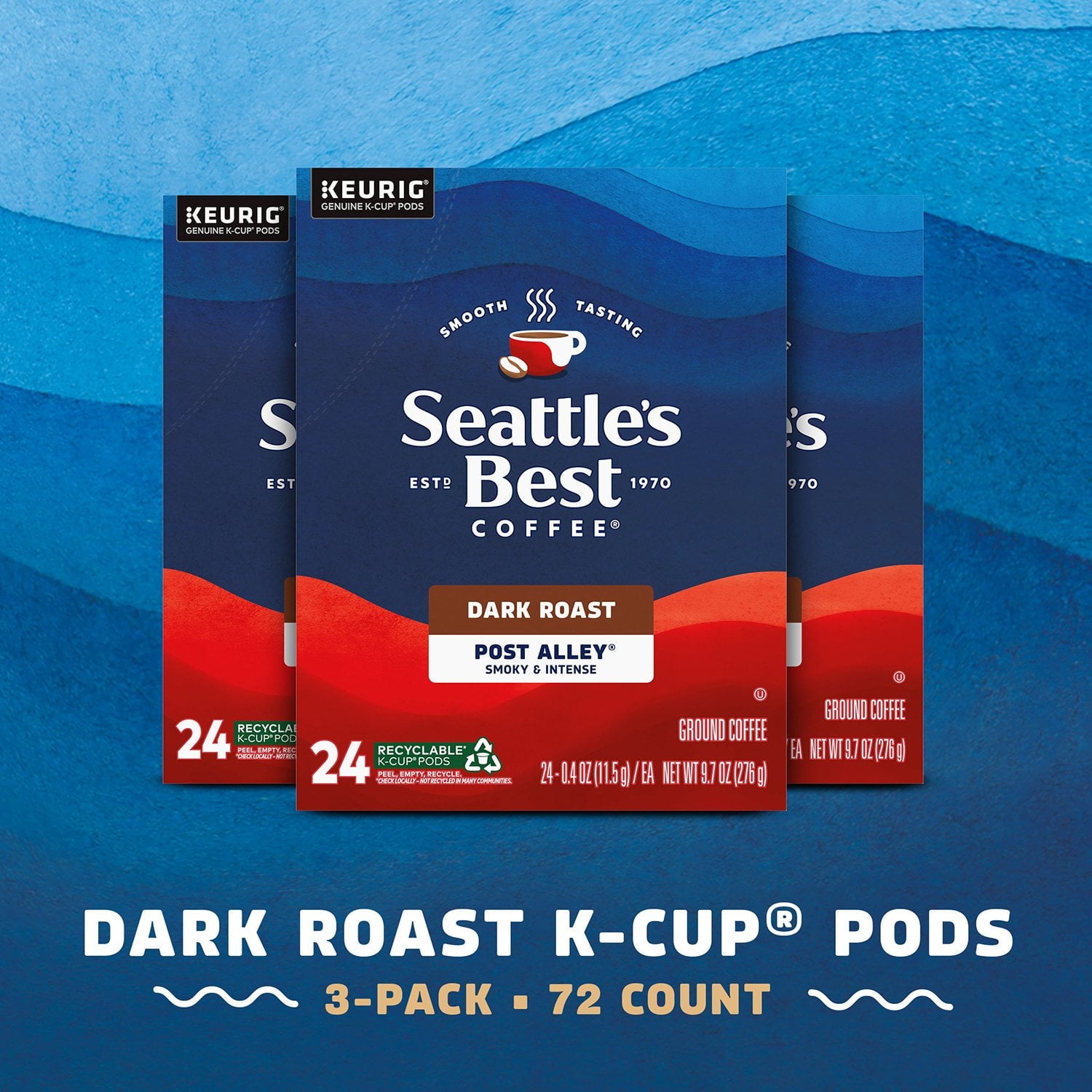 シアトルズベストコーヒー ダークロースト K-Cup コーヒーポッド、ポストアレイブレンド、72 個入り。