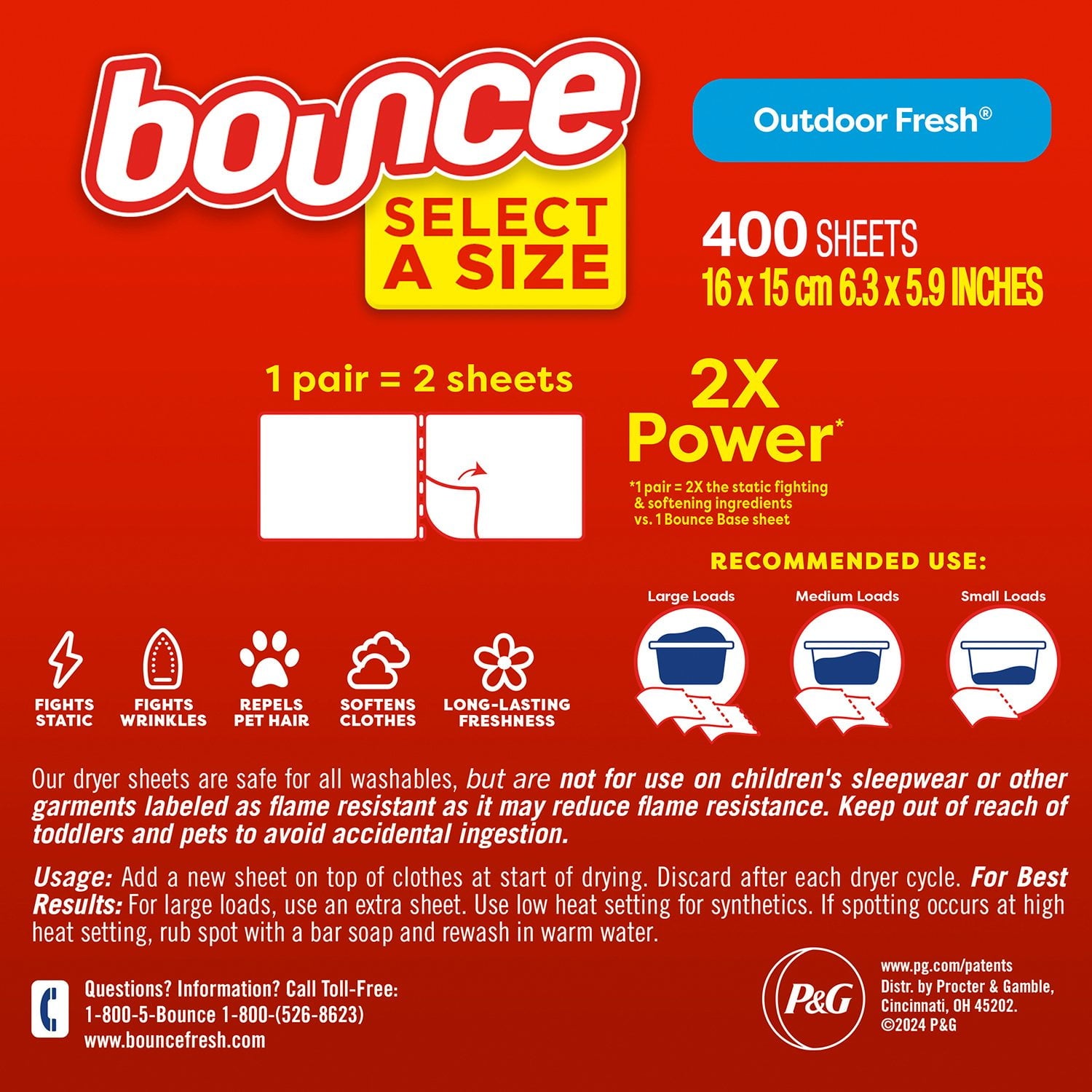 Bounce Select a Size 柔軟剤 乾燥機用シート、アウトドア用フレッシュ、400 枚入り。