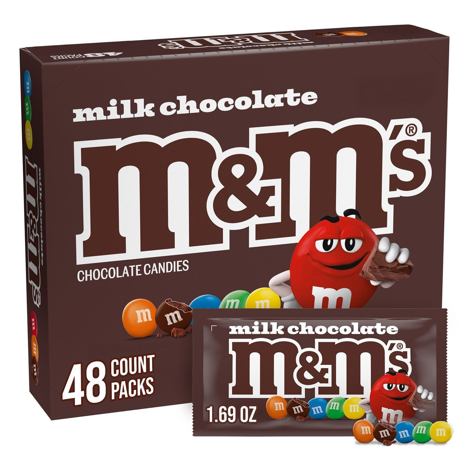M&amp;M'S ミルクチョコレートキャンディ、フルサイズ、1.69 オンス、48 個入り。
