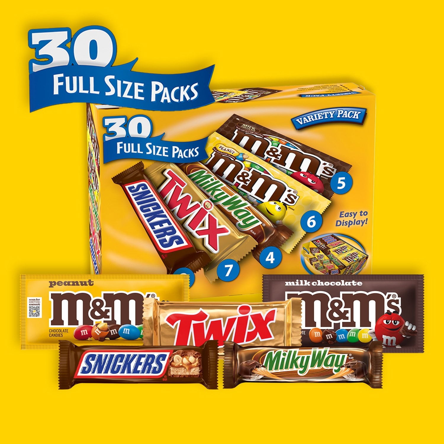 マース チョコレート キャンディー バー、バラエティ パック、フルサイズ、30 個入り。