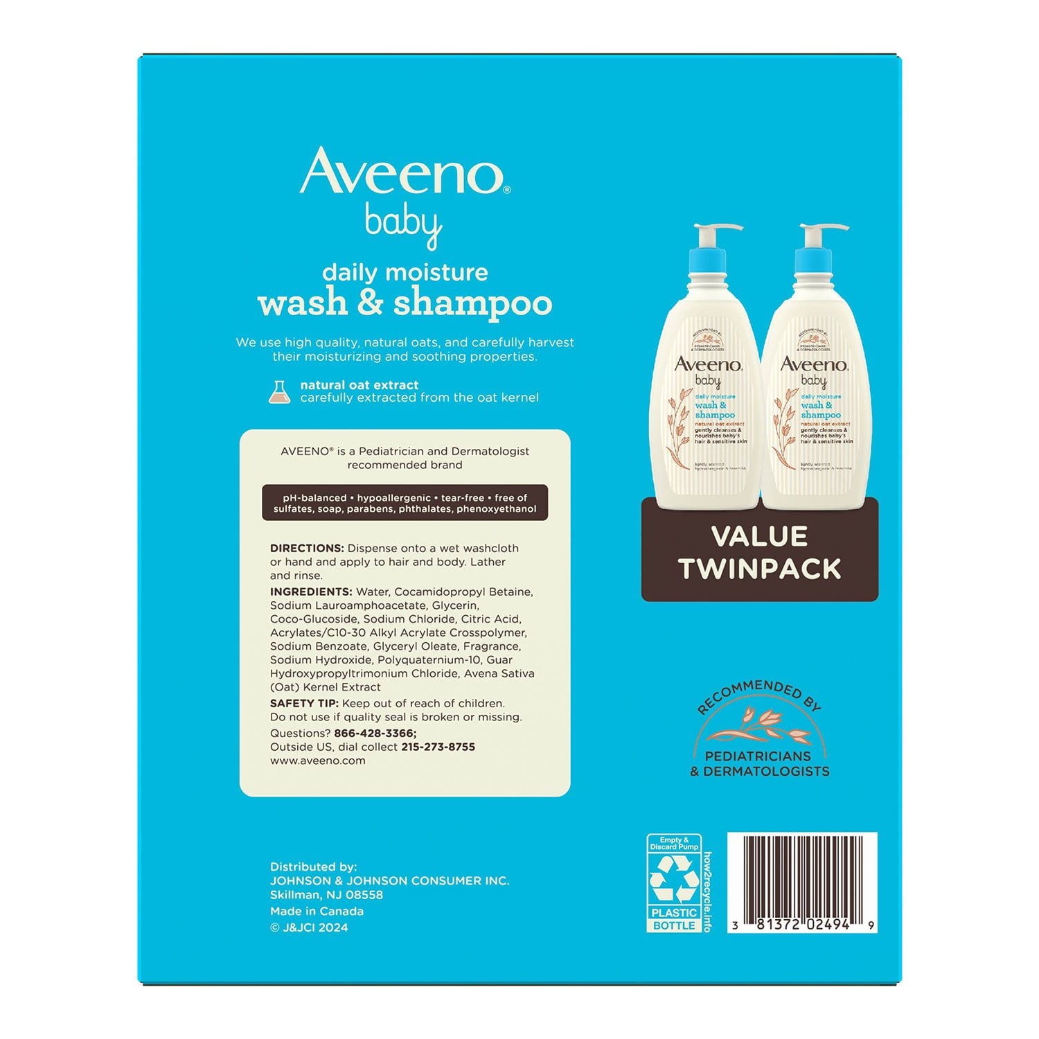 Aveeno ベビー 2-in-1 ウォッシュ＆シャンプー、18 液量オンス、2 個パック