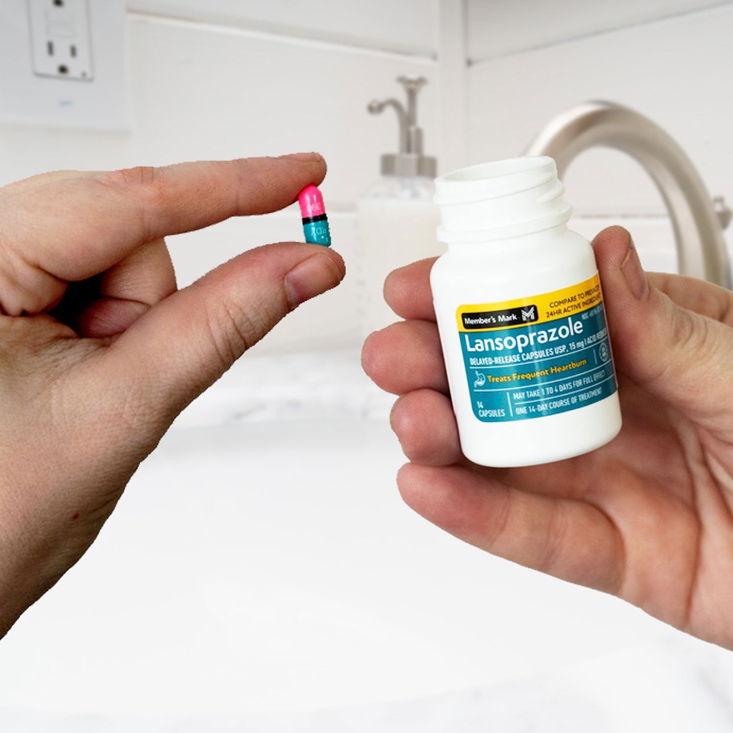 メンバーズマーク遅延放出制酸カプセル、ランソプラゾール 15 mg、42 個入り。