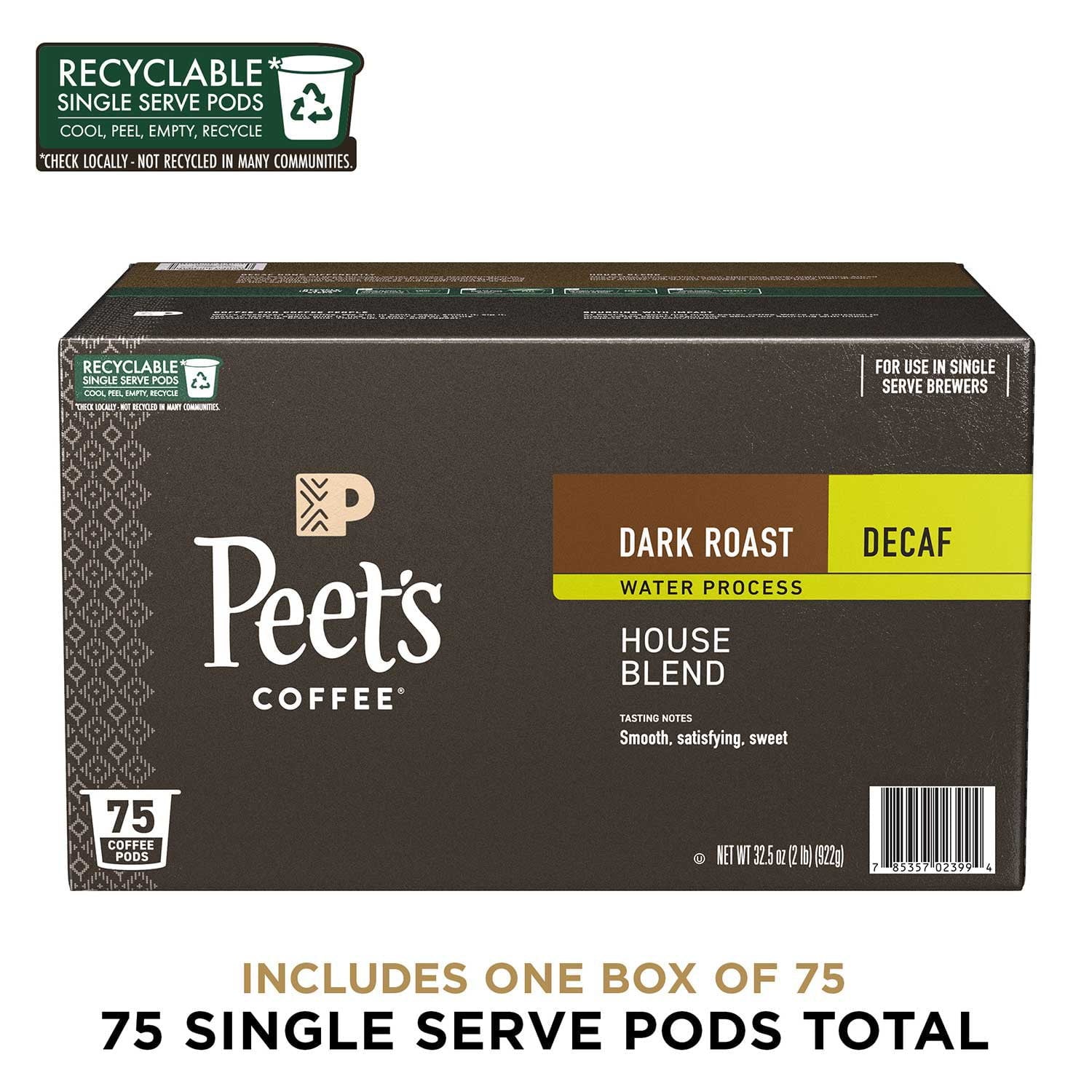 Peet's Coffee デカフェ ダークロースト K-Cup ポッド、ハウスブレンド 75 個入り。