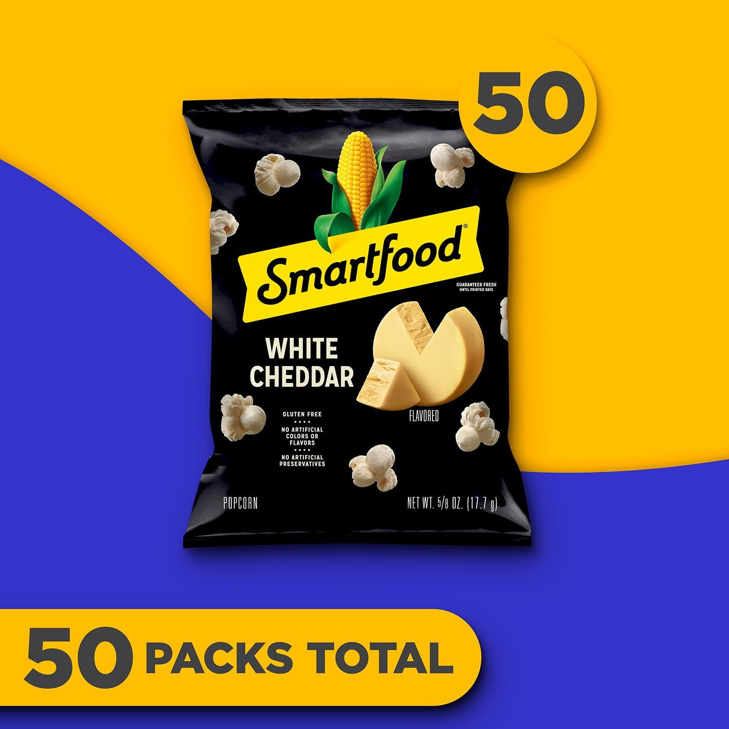 Smartfood ホワイトチェダーチーズポップコーン、0.625 オンス、50 個入り。