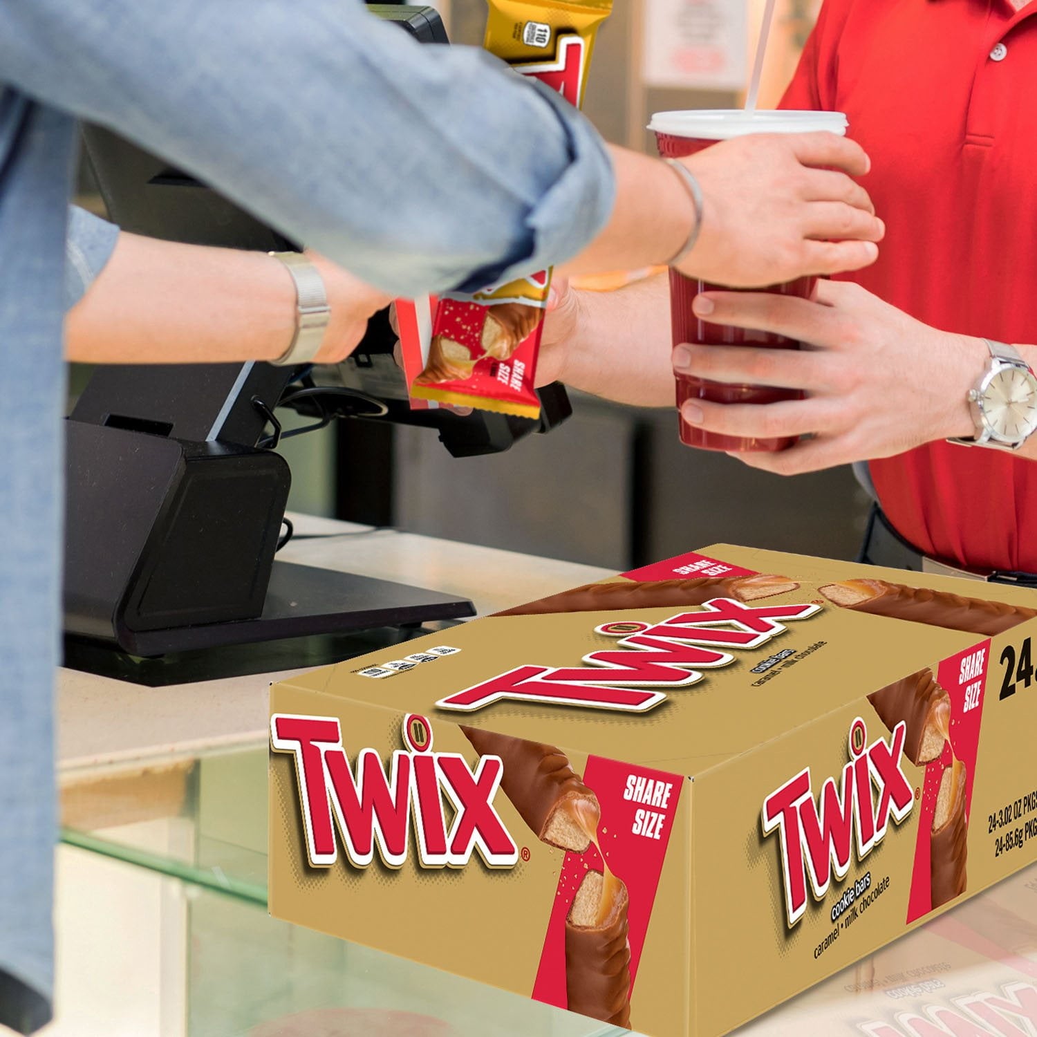 Twix キャラメル クッキー チョコレート キャンディー バー、シェア サイズ、3.02 オンス、24 個入り。