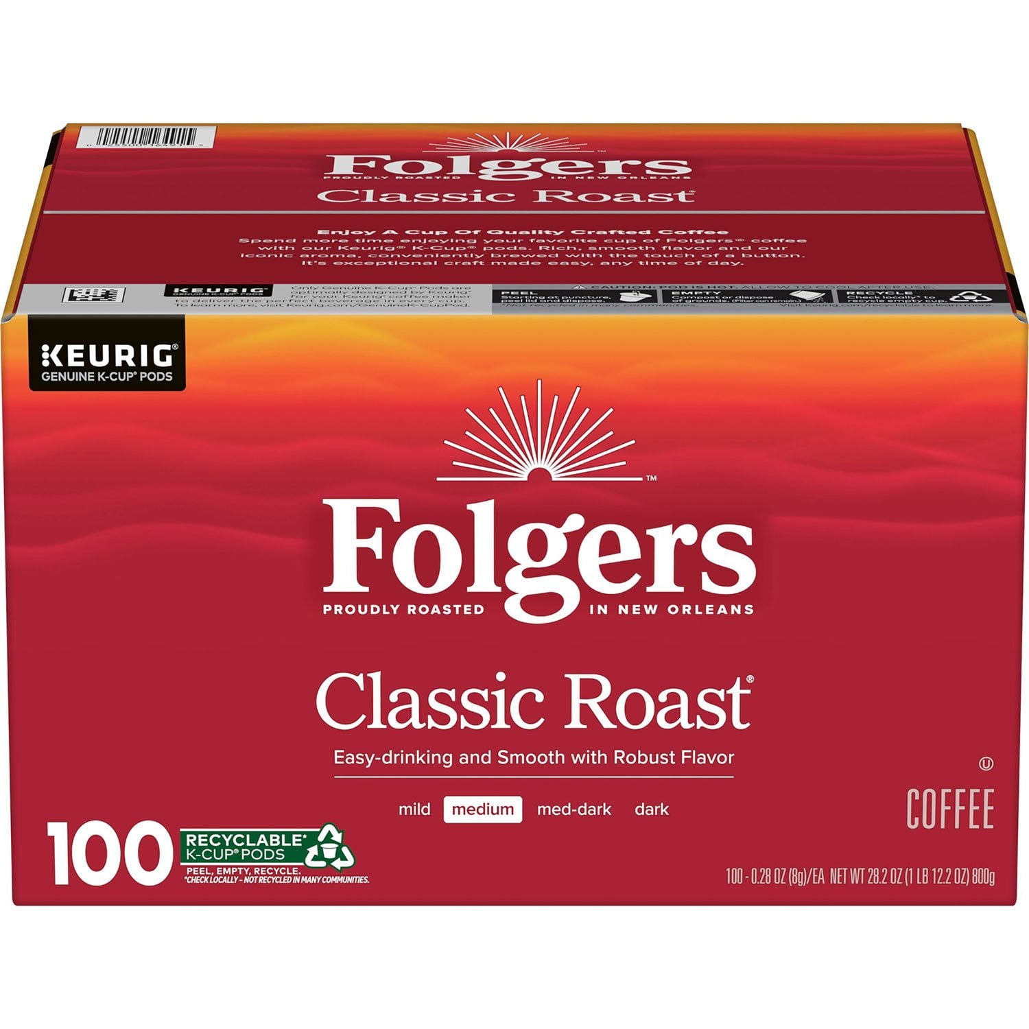 フォルジャーズ クラシック ミディアムロースト K-Cup コーヒーポッド、100 個入り。