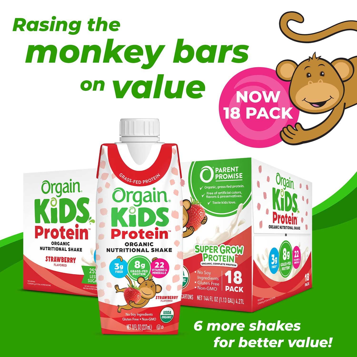 Orgain Kids 8g プロテイン オーガニック栄養シェイク、ストロベリー 8 液量オンス、18 パック
