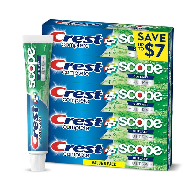 クレスト コンプリート + スコープ アウトラスト ウルトラ 歯磨き粉、6.3 オンス、5 個パック。