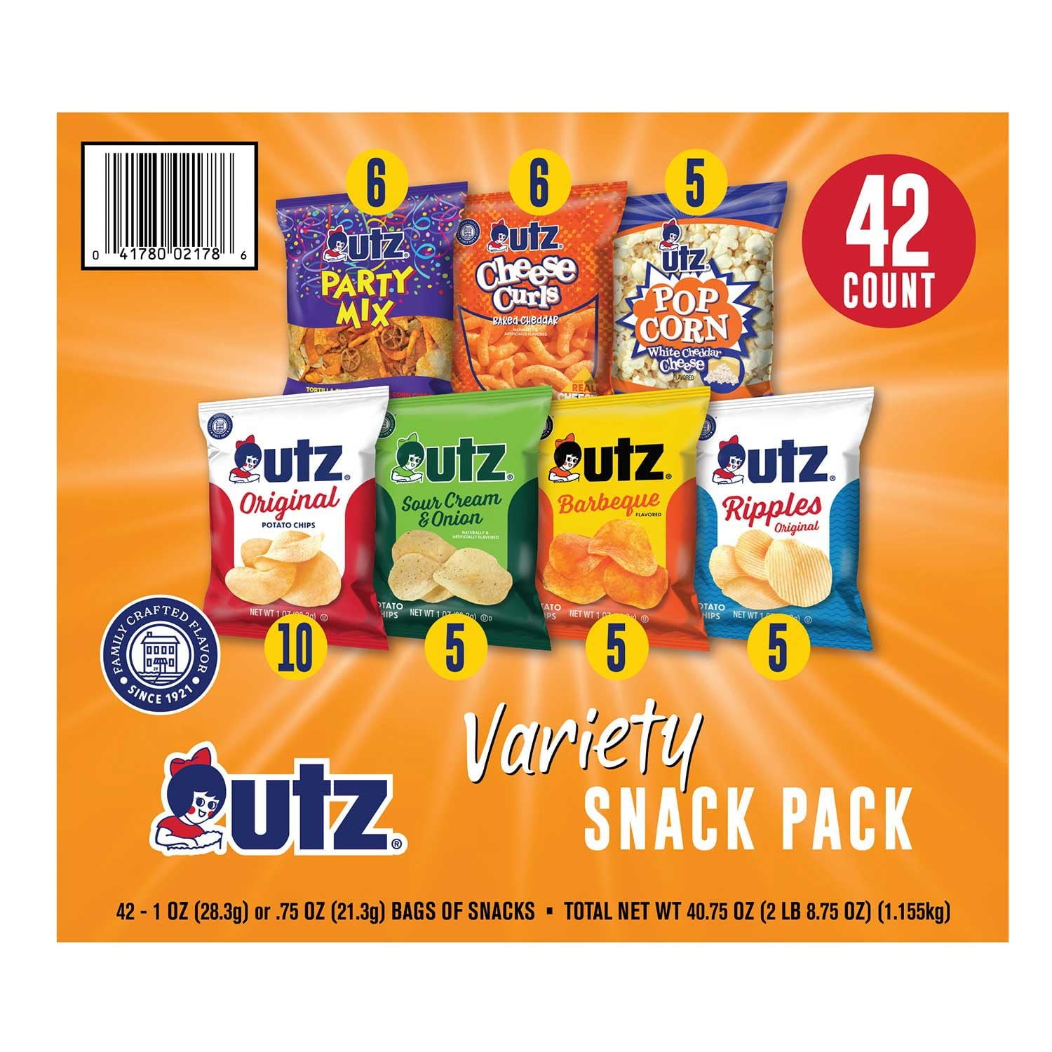Utz ジャンボ スナック パック、1 オンス、42 個入り。