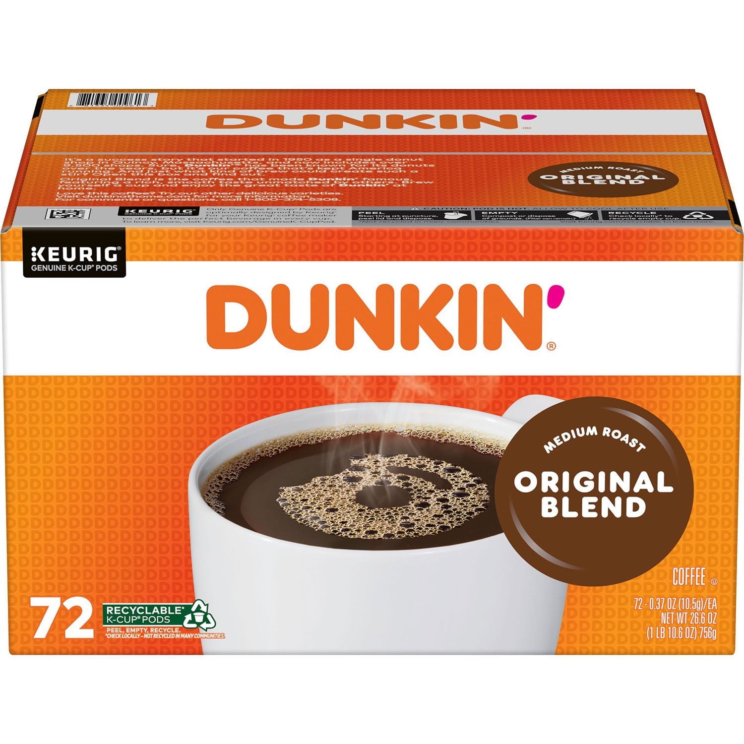 ダンキンドーナツ ミディアムロースト K-Cup コーヒーポッド、オリジナルブレンド、72 個入り。