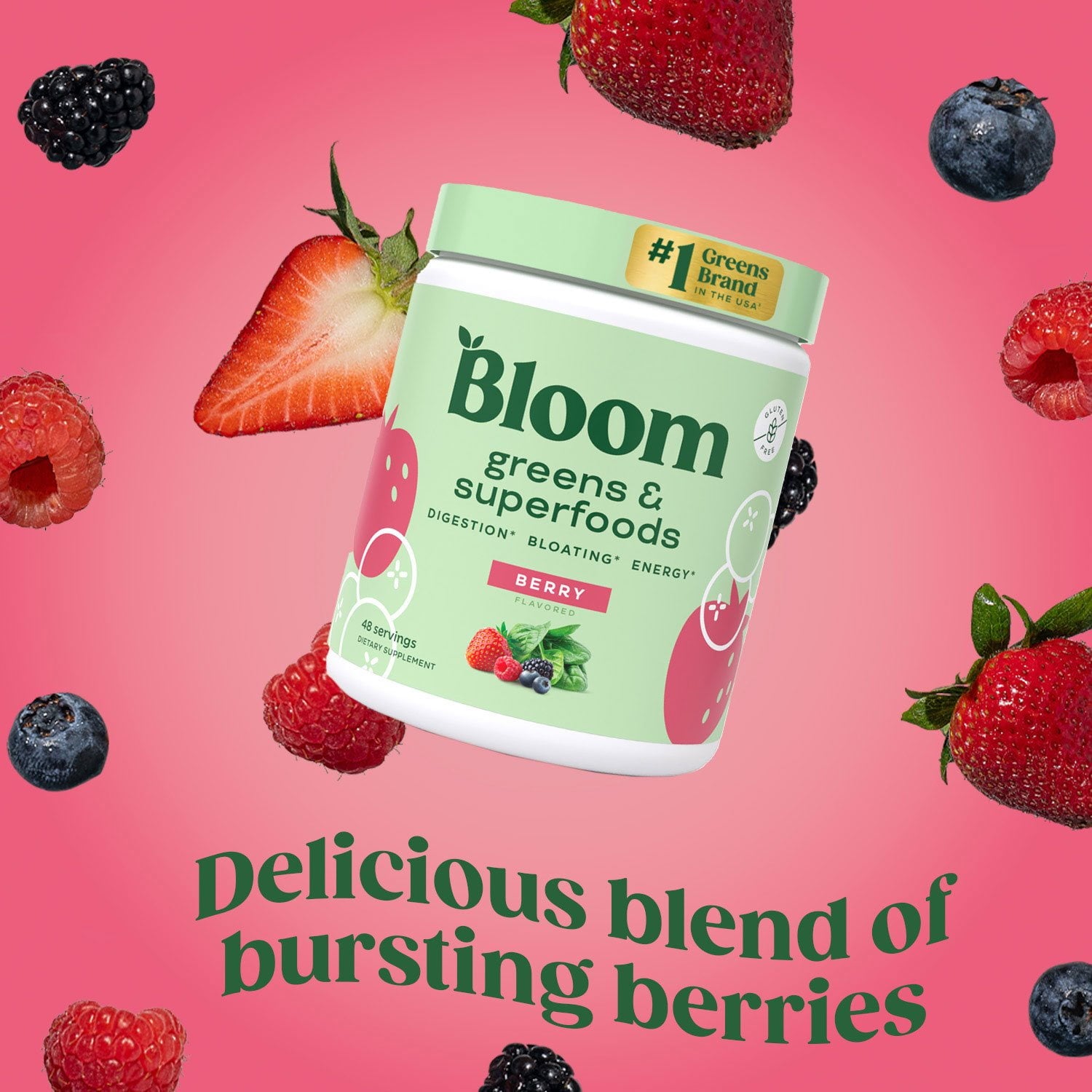 Bloom Nutrition グリーン＆スーパーフードパウダー、ベリー、0.5 ポンド。