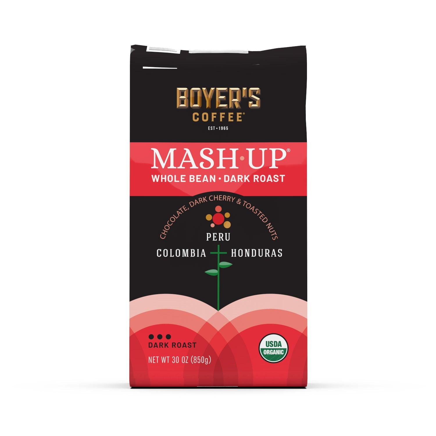 Boyer's Coffee オーガニック ダークロースト ホールビーンコーヒー、マッシュアップブレンド、30 オンス。