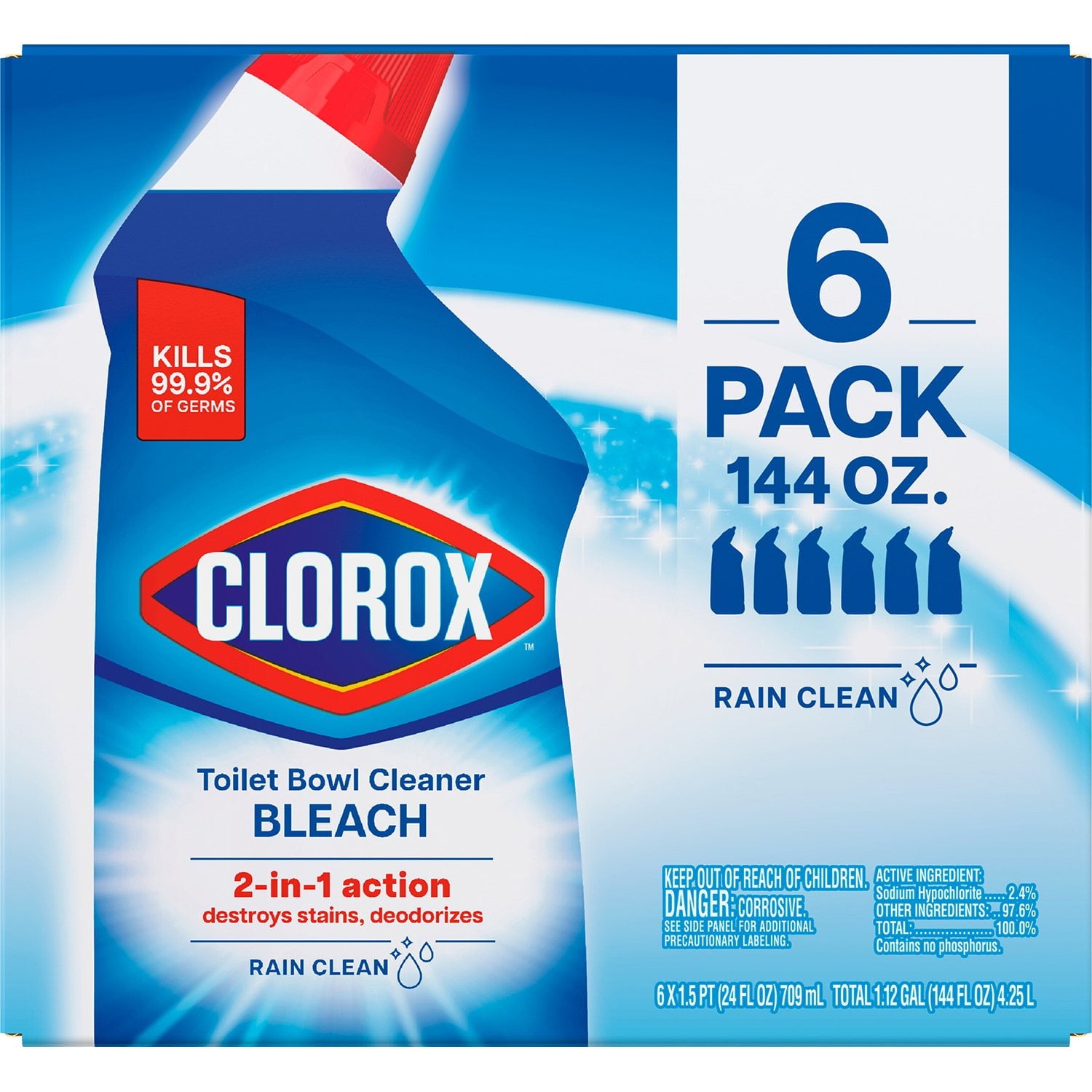 クロロックス トイレボウルクリーナー（漂白剤入り）、レインクリーン、6 個パック、144 液量オンス。