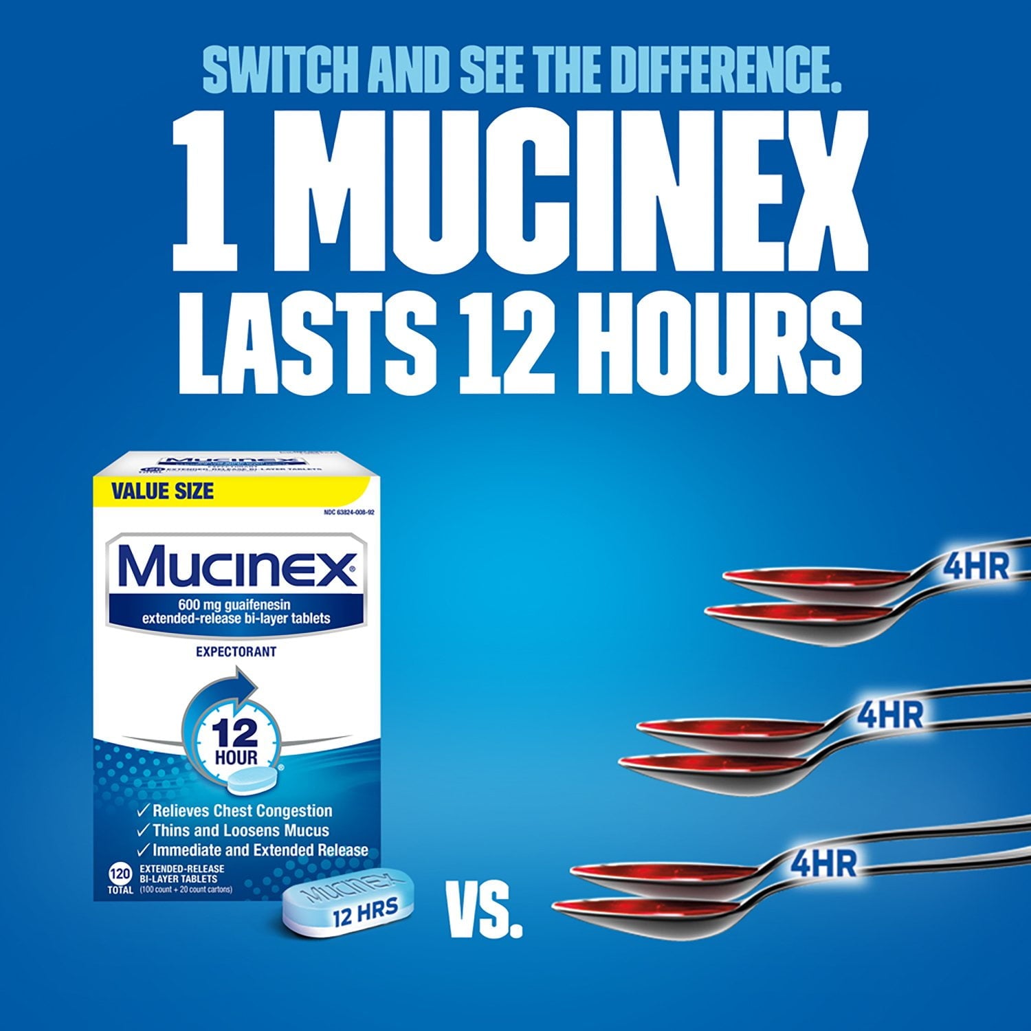 Mucinex 12時間胸の詰まりと粘液の緩和錠、グアイフェネシン 600 mg 120錠。