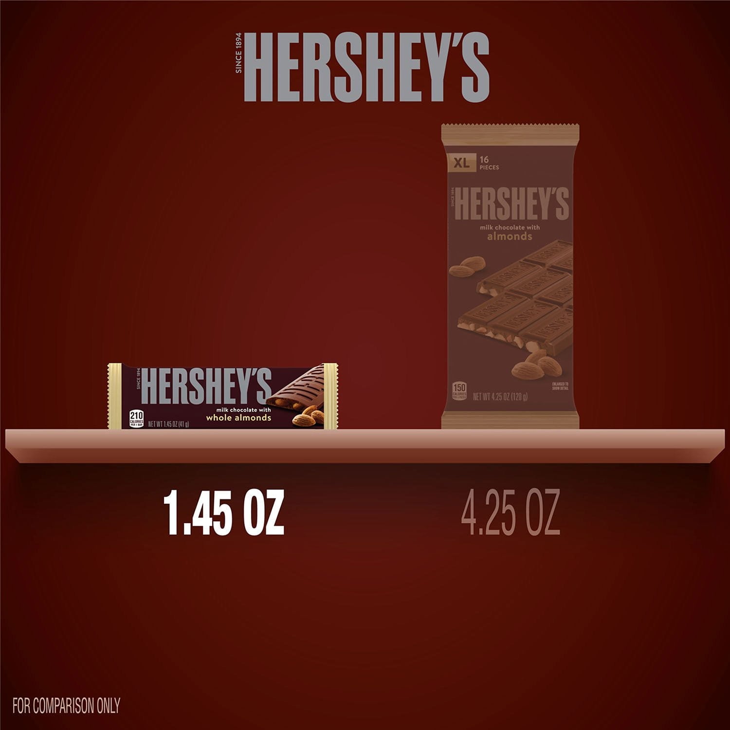 HERSHEY'S ミルクチョコレート アーモンド入りキャンディーバー、フルサイズ、1.45 オンス、36 個入り。