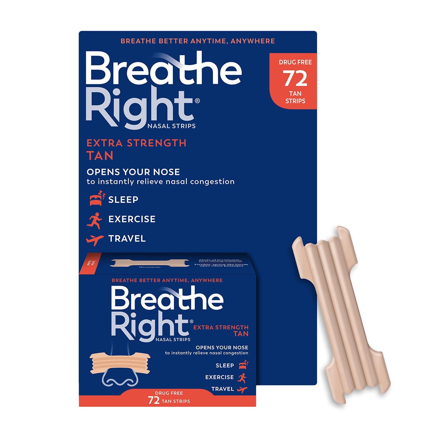 Breathe Right エクストラストレングス 鼻用ストリップ、タン、72 枚入り。