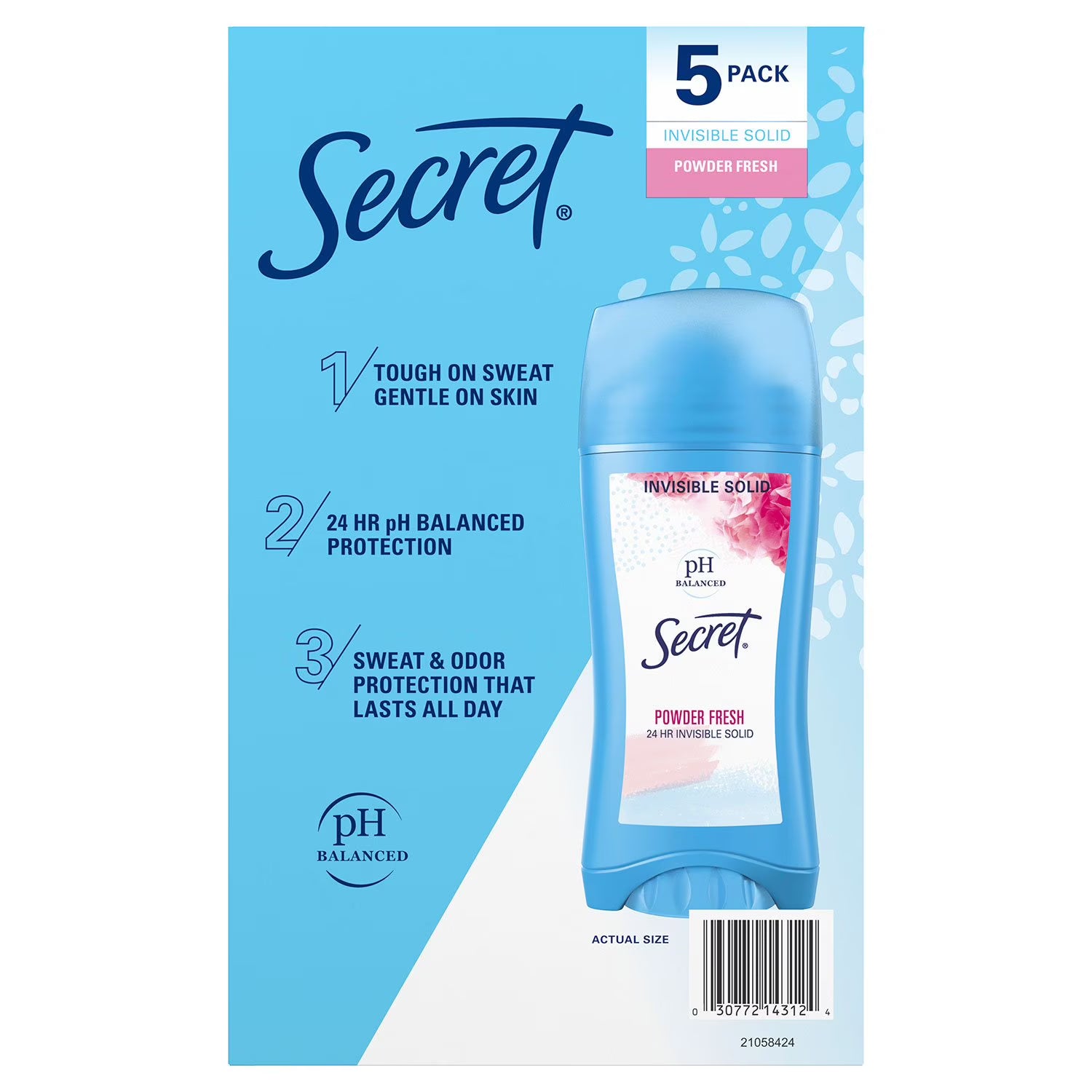 시크릿 인비저블 솔리드 안티퍼스피런트 데오드란트 파우더 프레시 2.6 oz., 5 pk. – 옷에 자국이 남기 쉬운 상황에서도 깔끔하게 사용 가능하며 산뜻한 파우더 향을 일상적으로 유지