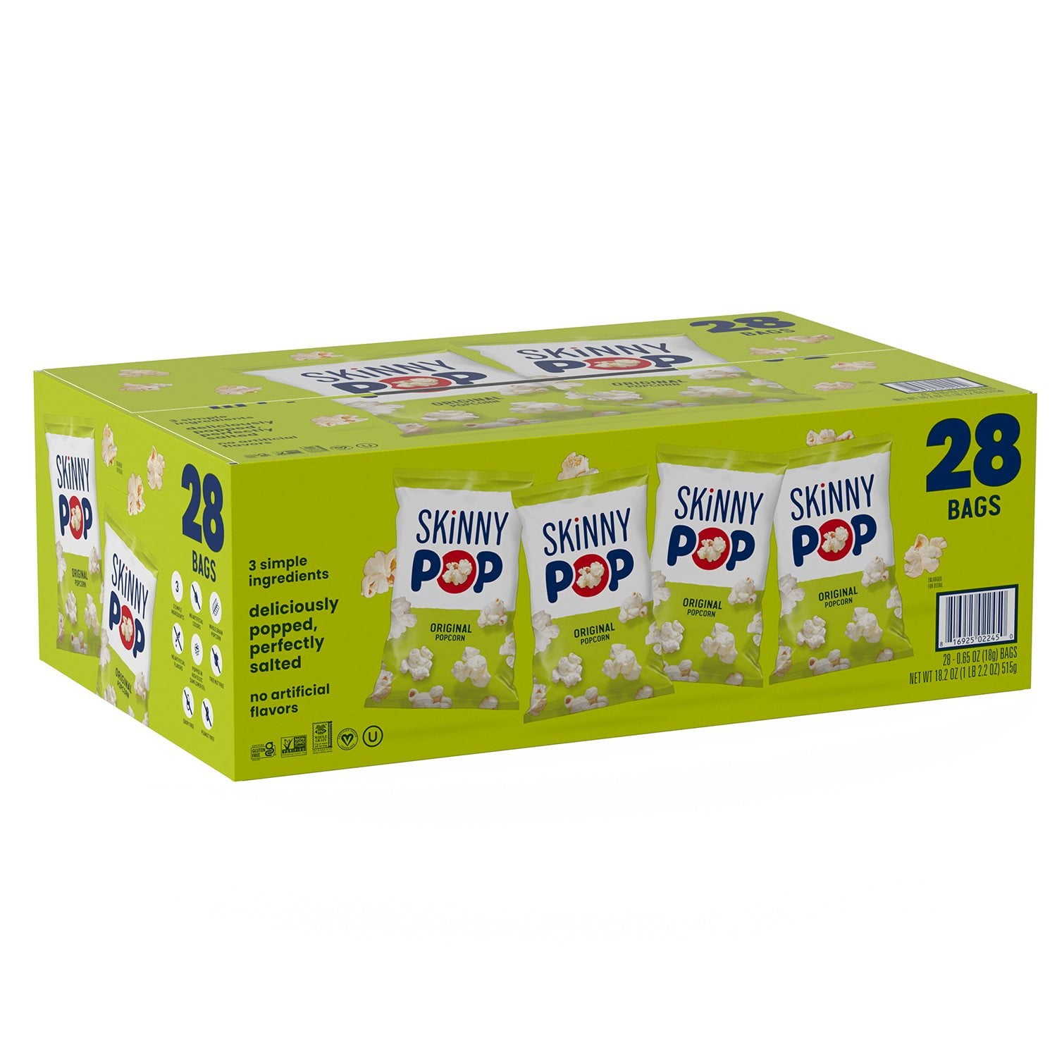 SkinnyPop オリジナル ポップコーン スナック バッグ、0.65 オンス、28 個入り。
