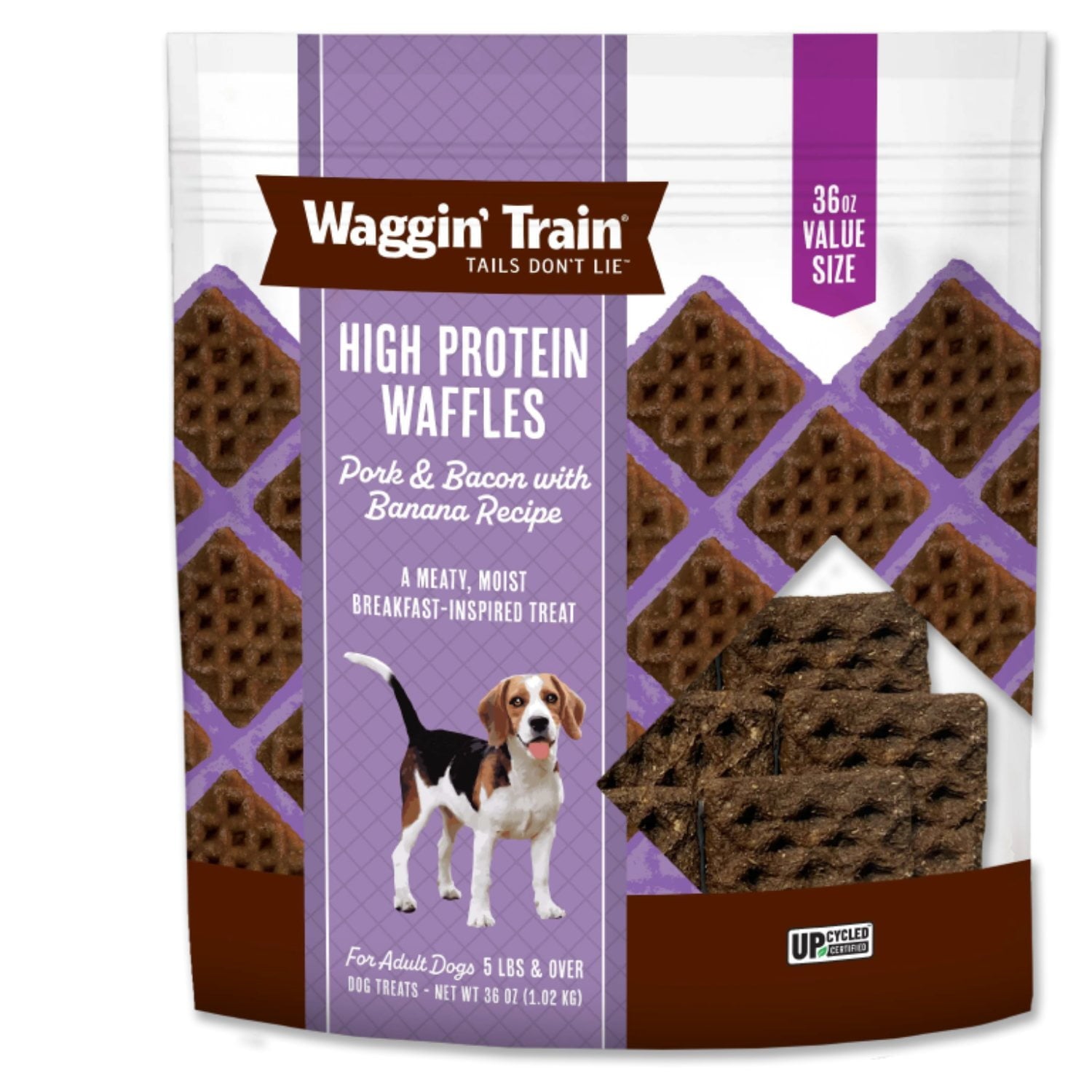 Waggin Train ポーク &amp; ベーコン バナナレシピ、高タンパクワッフル ドッグトリーツ、36 オンス。