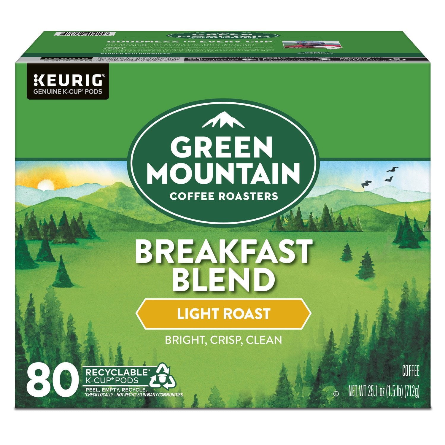 Green Mountain Coffee Roasters ライトローストコーヒーポッド、ブレックファストブレンド、80 個入り。
