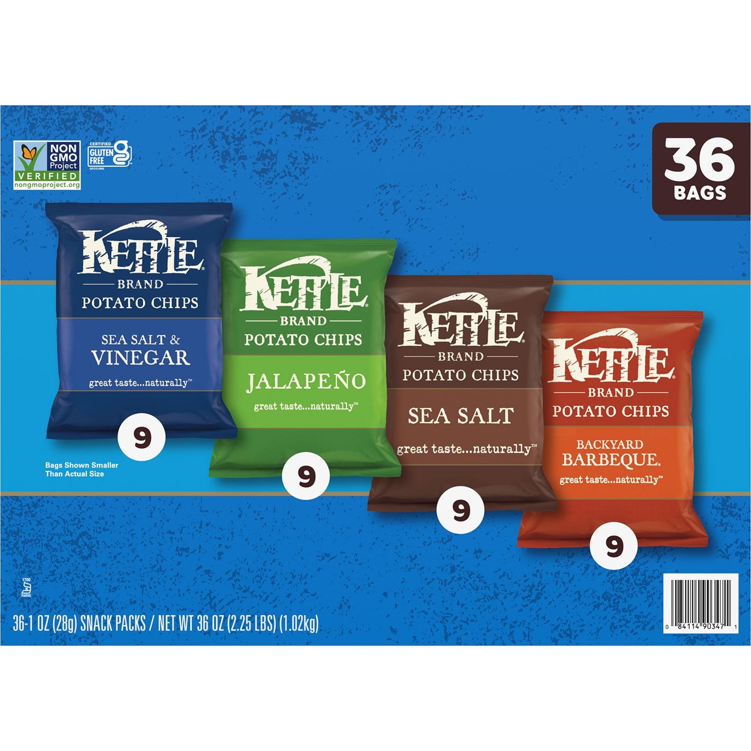 ケトル バラエティパック ポテトチップス、1オンス、36 個入り。