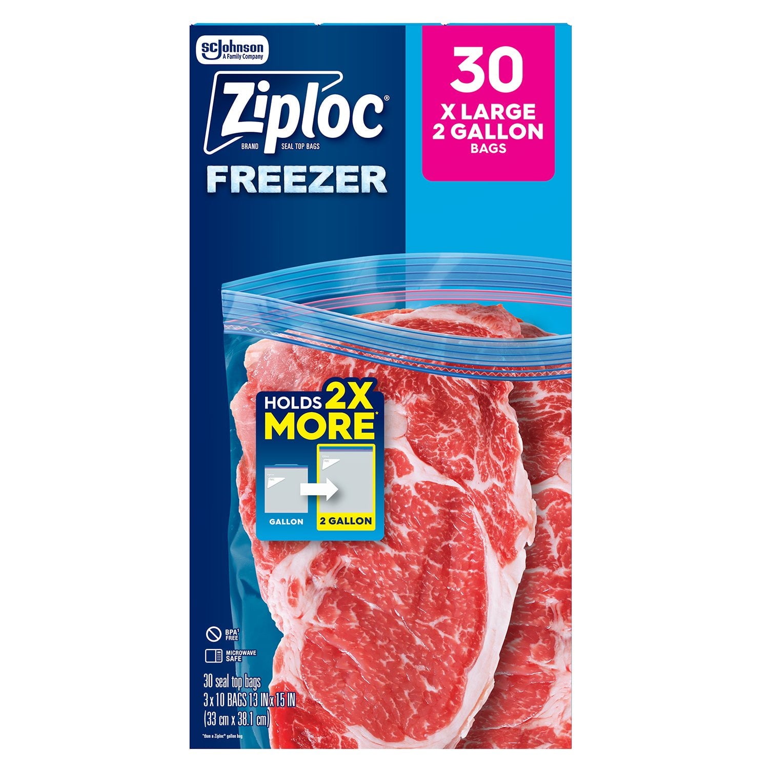 Ziploc Grip n' Seal 2ガロン冷凍用バッグ、30個入り。