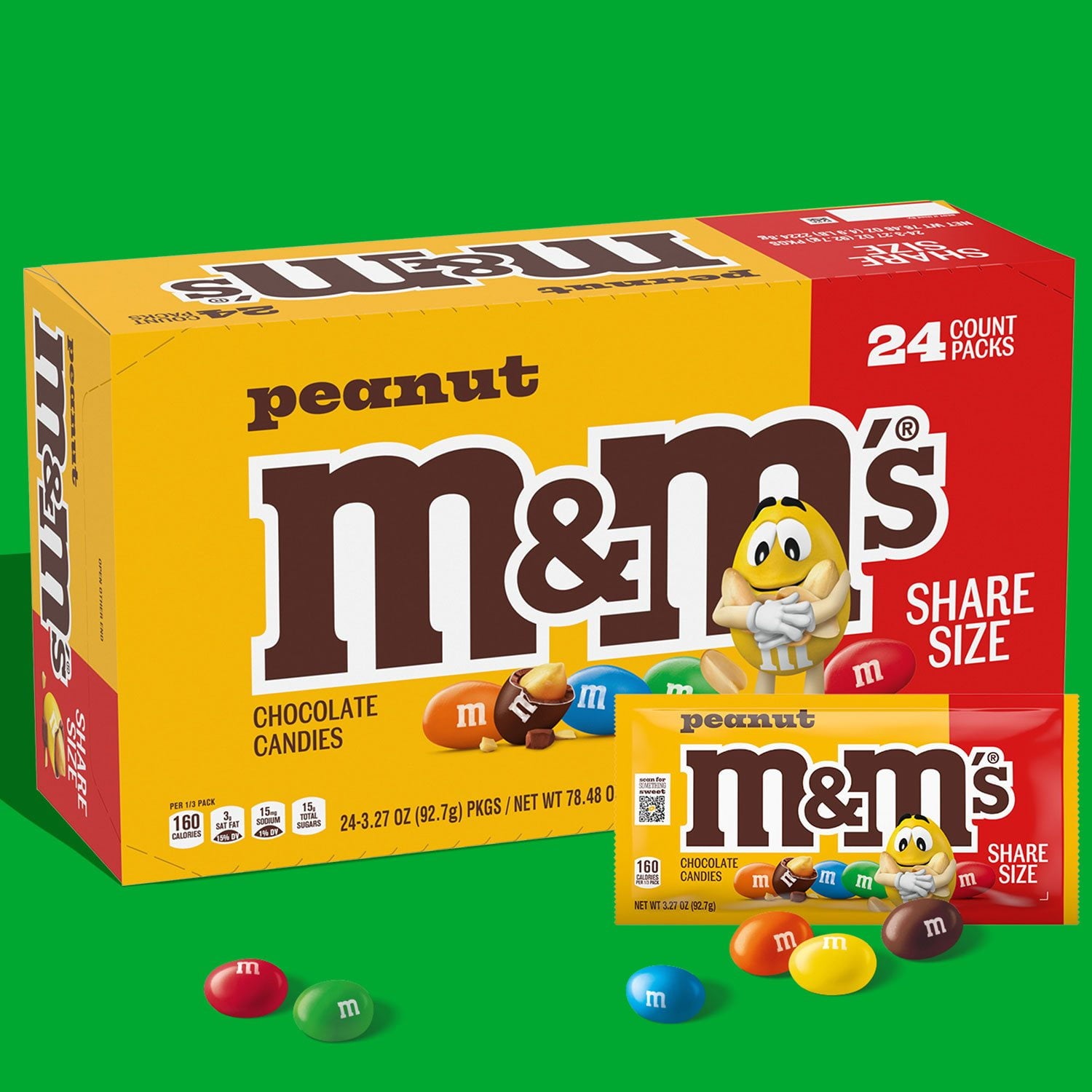 M&amp;M'S ピーナッツ ミルク チョコレート キャンディ、シェアサイズ、3.27 オンス、24 個入り。