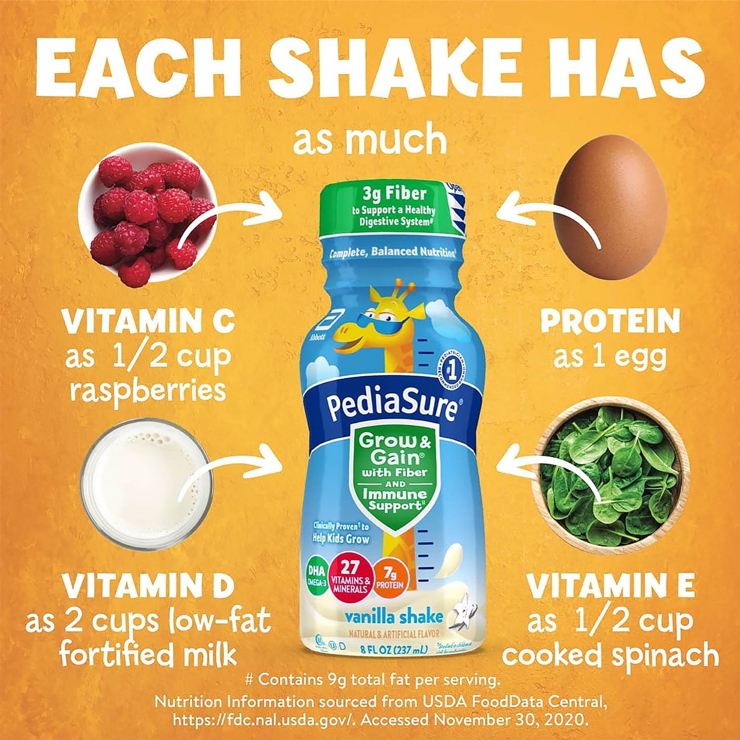PediaSure Grow and Gain 子供用繊維入り栄養シェイク、バニラ、8 液量オンス、24 パック。