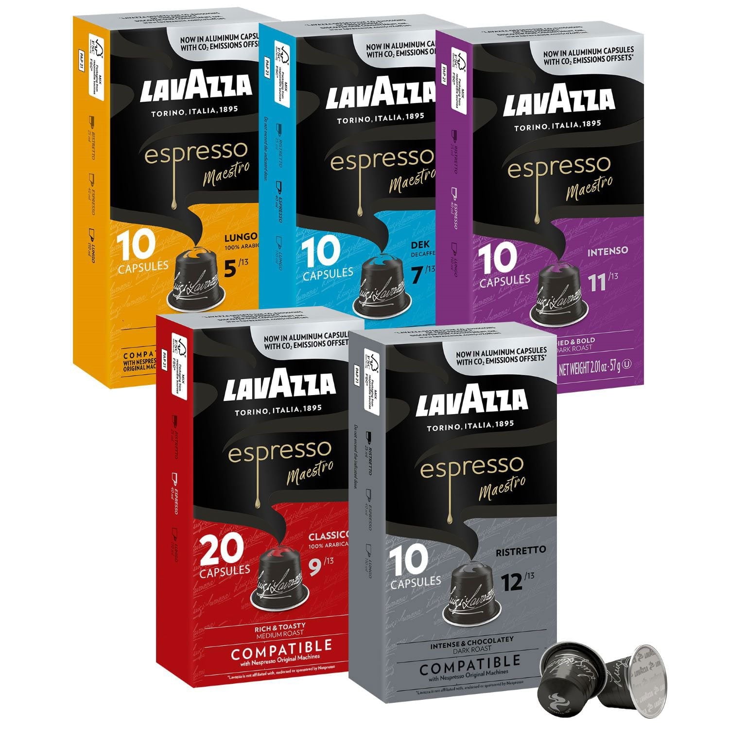 ラバッツァ エスプレッソ マエストロ マルチロースト ポッド、バラエティパック、60 個入り。