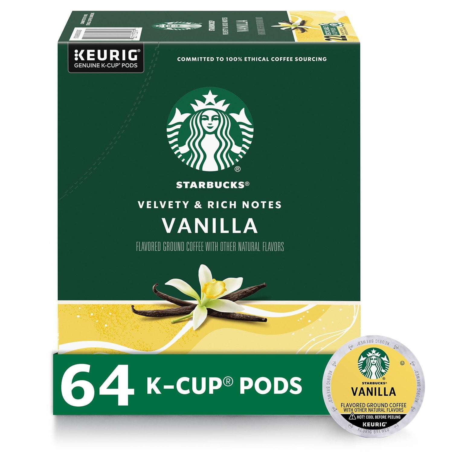 スターバックス ライトロースト バニラ風味コーヒー Kカップ、64 個入り。