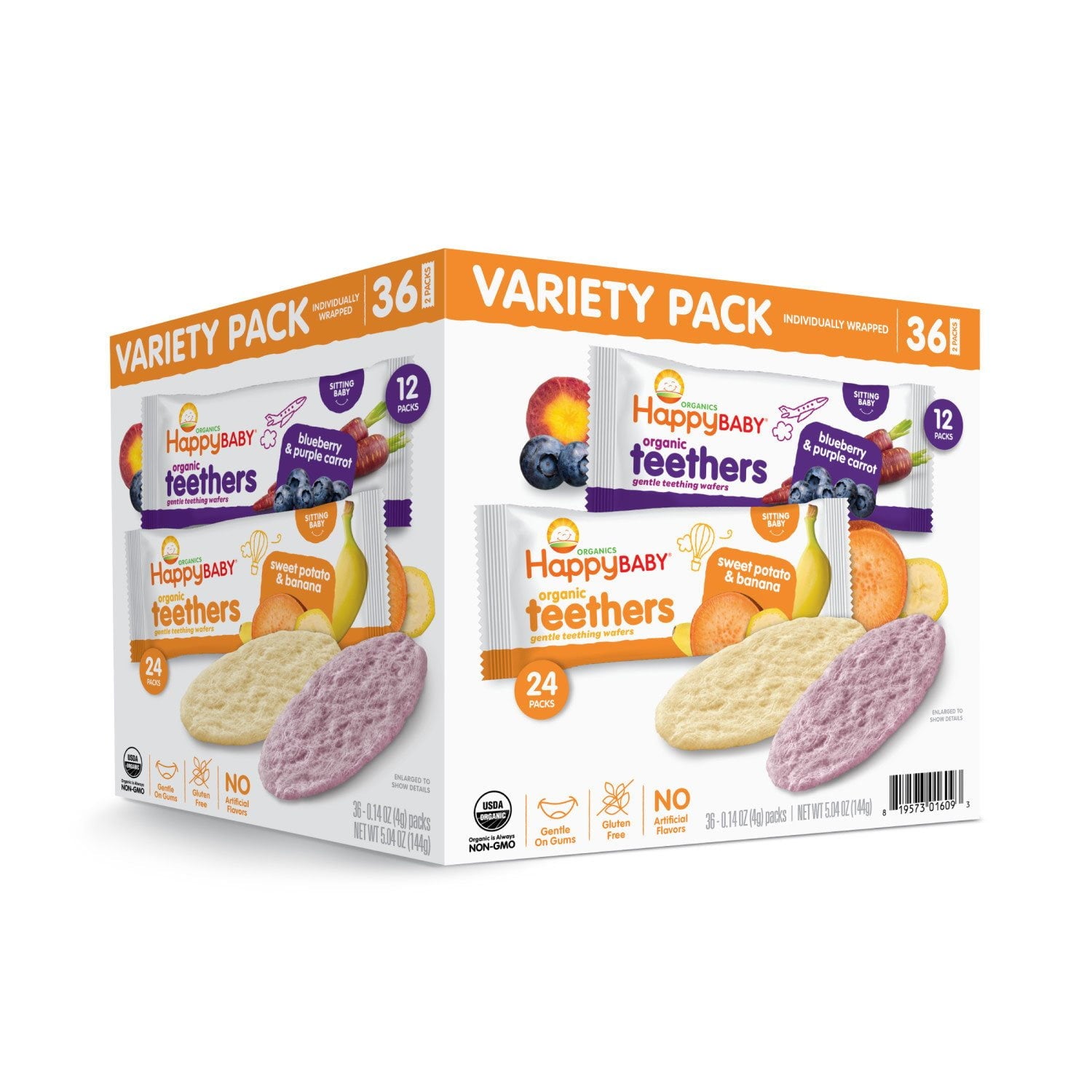 HappyBABY Organics 歯が生える時期用ウエハース、バラエティパック、36 枚入り。