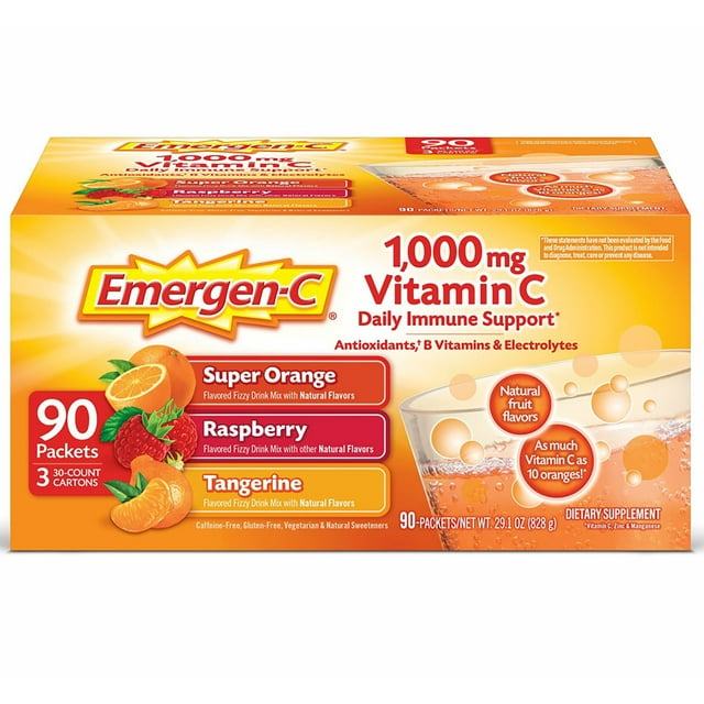 エマージェンC ビタミンC 1000mg パウダー（抗酸化物質配合）炭酸ドリンクミックス、90 個入り。