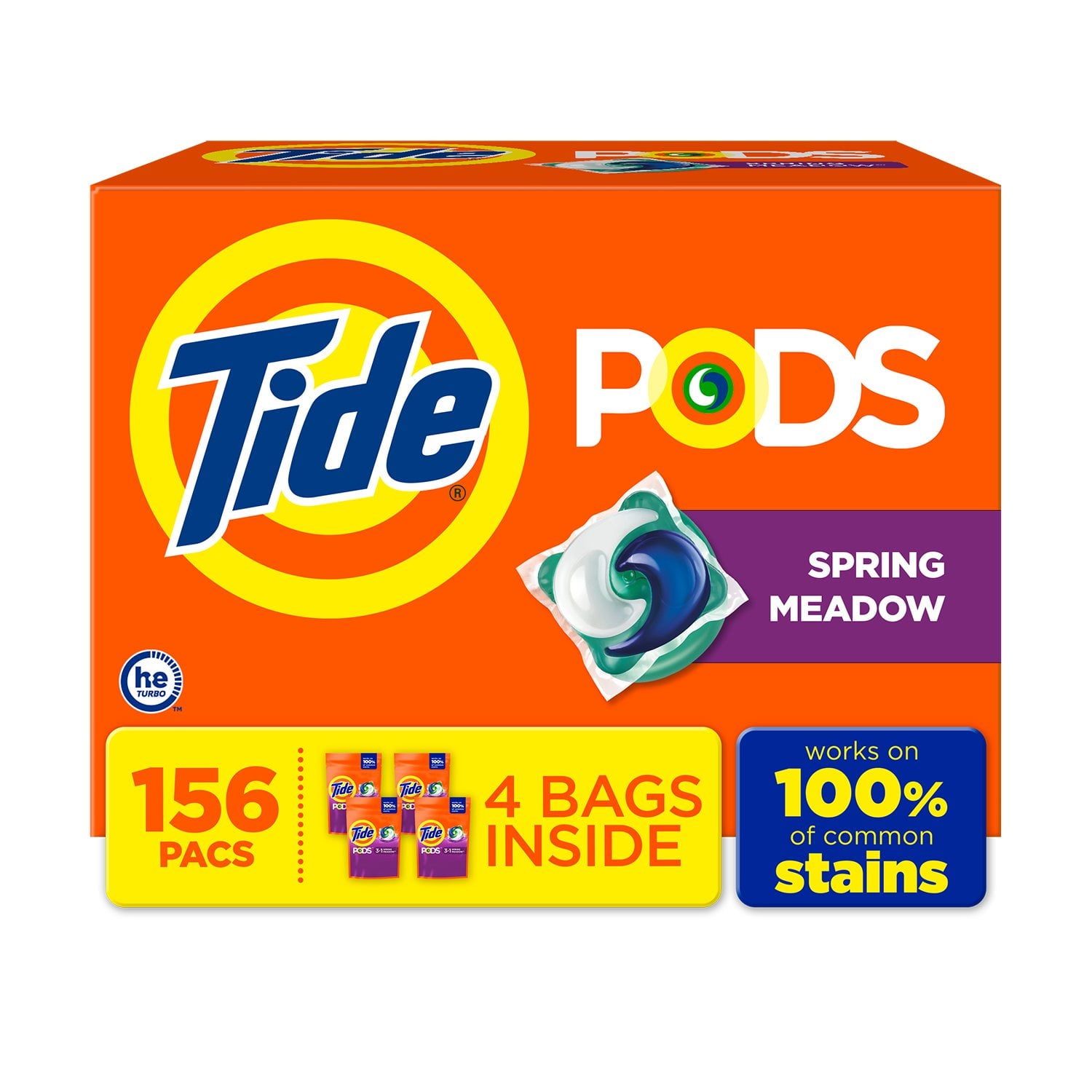 Tide PODS 洗濯洗剤パック、スプリングメドウ、156 個入り。
