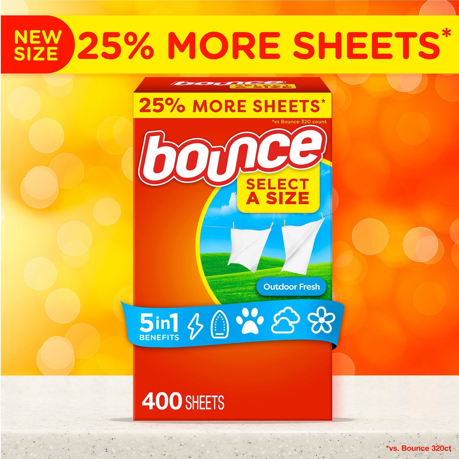 Bounce Select a Size 柔軟剤 乾燥機用シート、アウトドア用フレッシュ、400 枚入り。