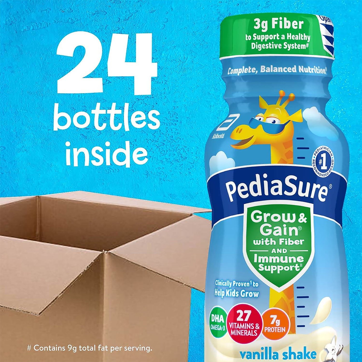 PediaSure Grow and Gain 子供用繊維入り栄養シェイク、バニラ、8 液量オンス、24 パック。