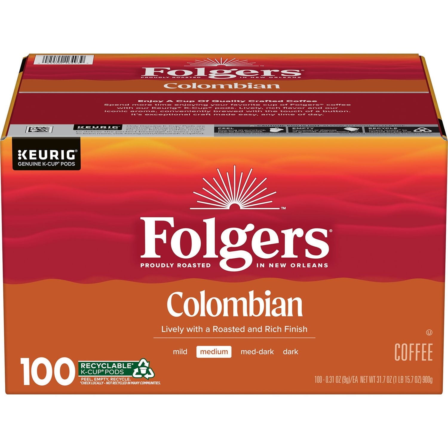 フォルジャーズ ミディアムロースト K-Cup コーヒーポッド、100% コロンビア産、100 個入り。