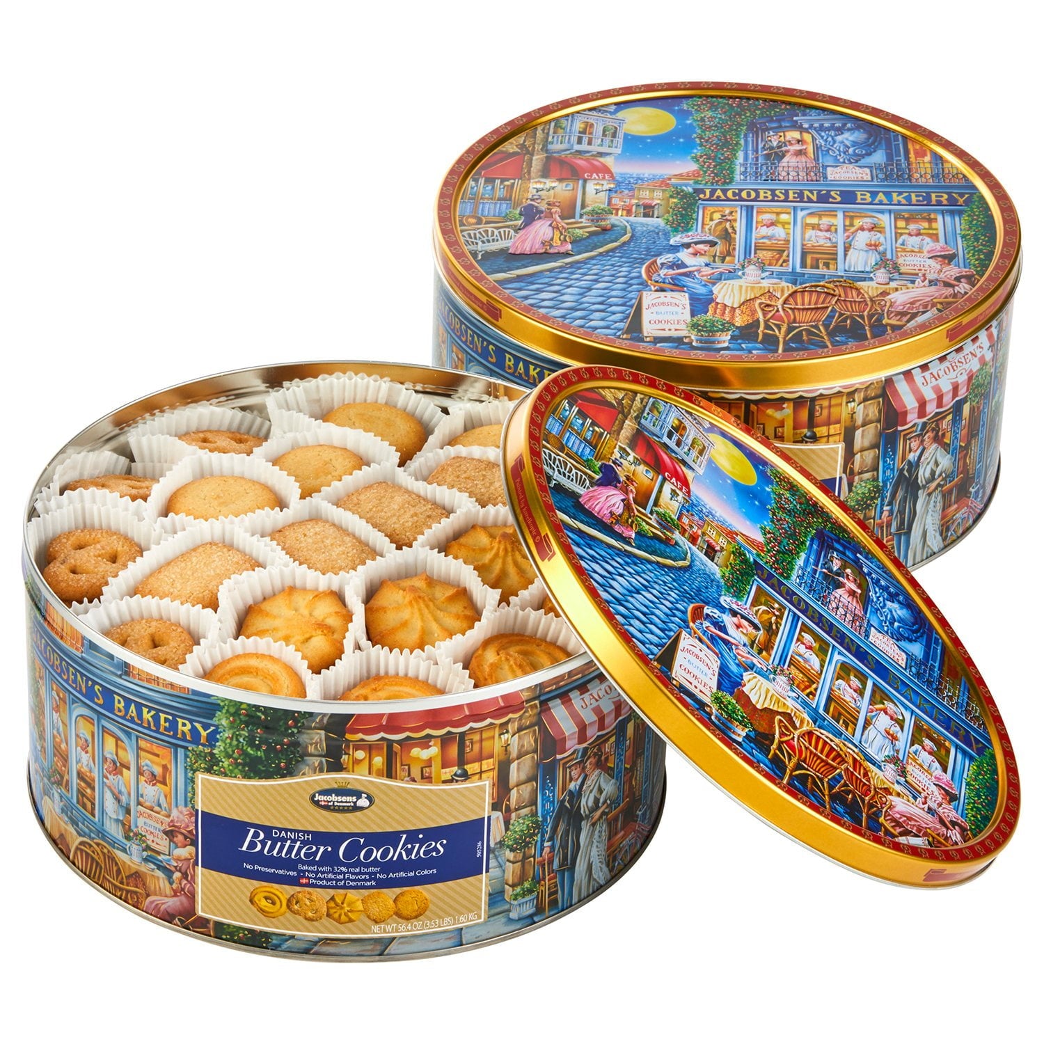 Jacobsens オリジナル プレミアム デニッシュ バター クッキー缶、3.5 ポンド、2 個入り。
