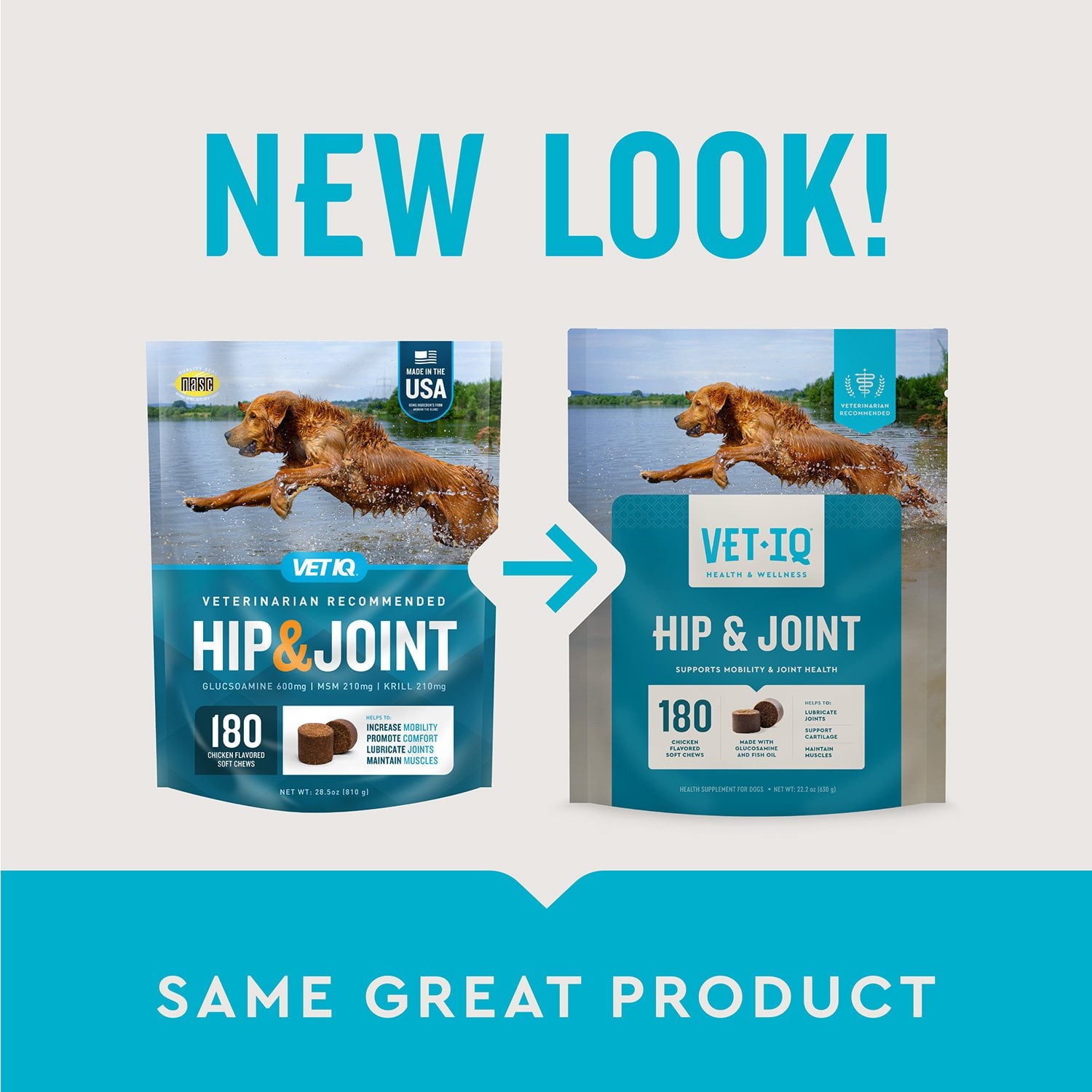 VETIQ 最大強度ヒップ&amp;ジョイントソフト犬用チュー、チキン風味、180 個入り。