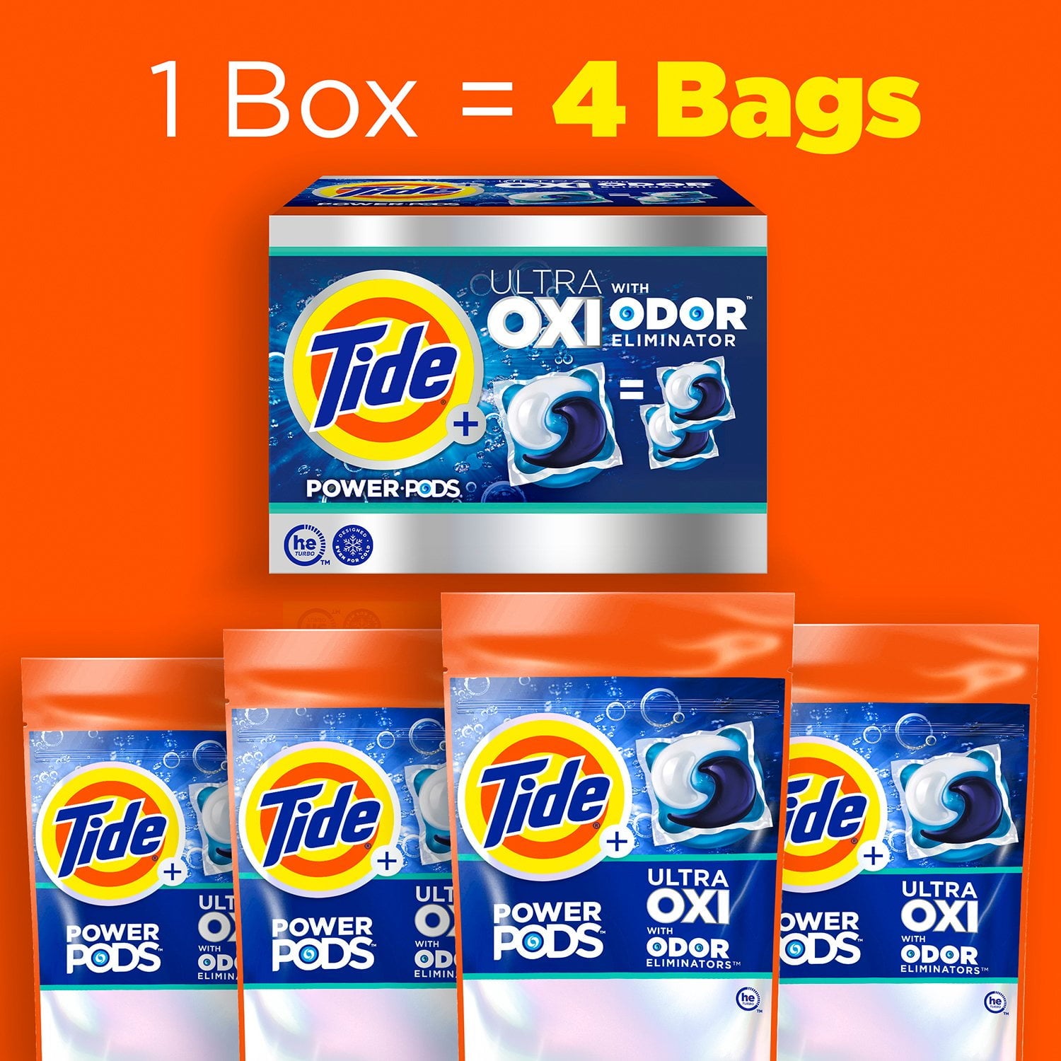 Tide Power PODS + Ultra OXI 洗濯洗剤パック、オリジナル、72 個入り。