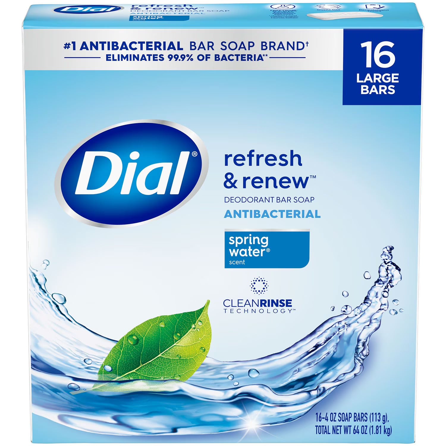 다이얼 항균 바 비누 스프링 워터 4 oz., 16 pk. – 항균 포뮬러와 상쾌한 향, 깔끔한 세정감