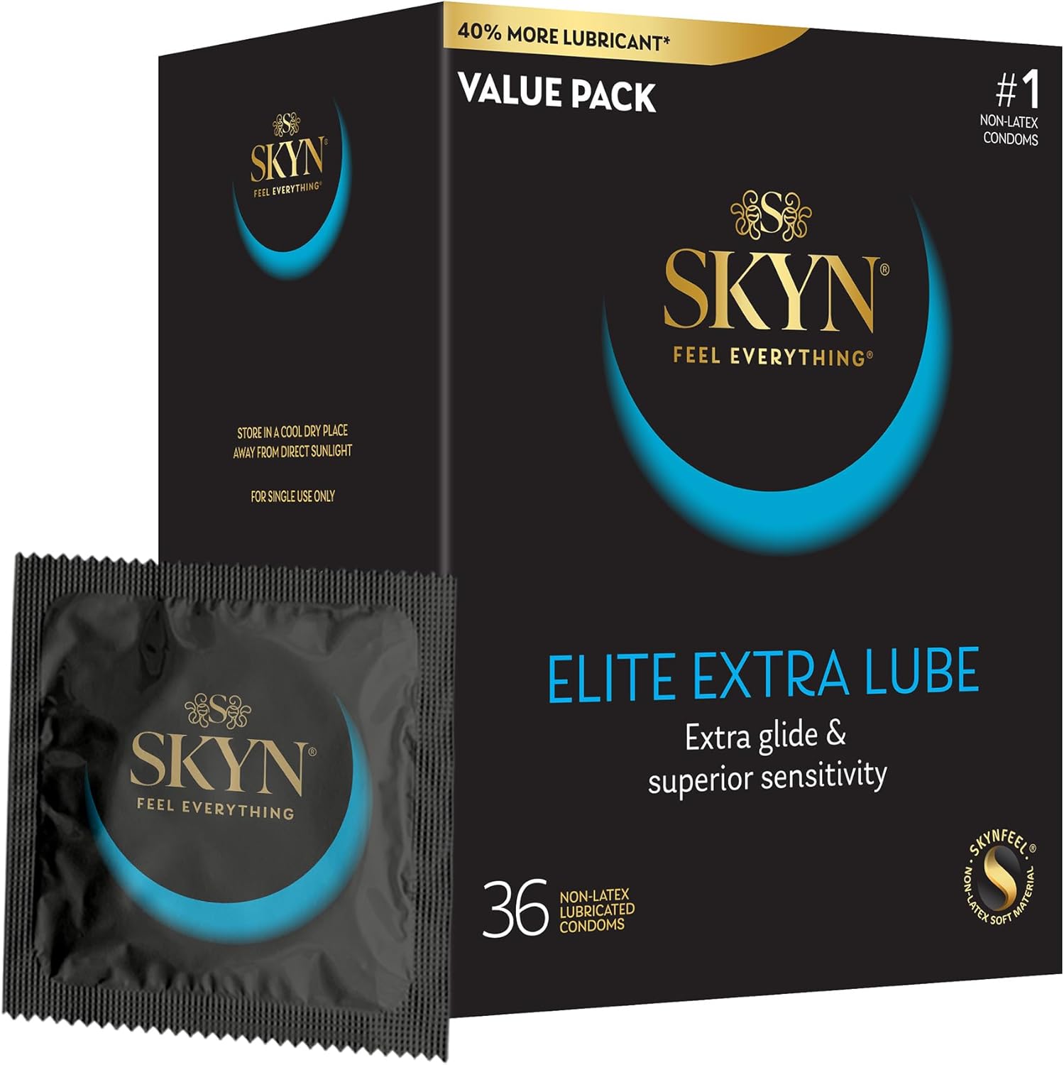 스킨 엘리트 엑스트라 루브 15% 더 얇고 윤활제 40% 추가 라텍스 프리 콘돔 53mm 36개입
