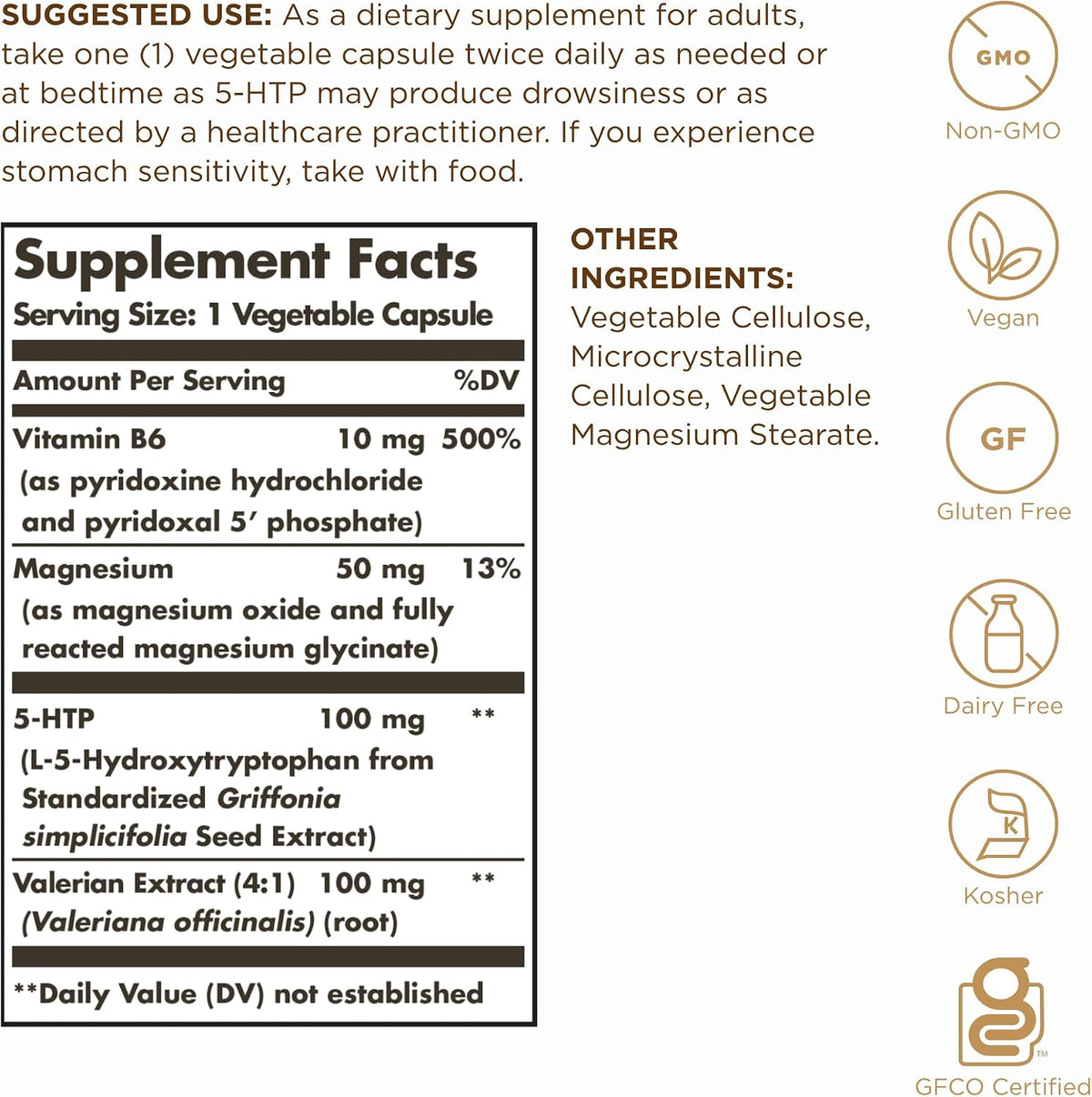 솔가 5-HTP 100mg – 90 베지터블 캡슐 – 5-HTP에 비타민 B6·마그네슘·발레리안 추출물을 더해 편안한 휴식과 긍정적인 기분 관리를 고려한 캡슐 제품