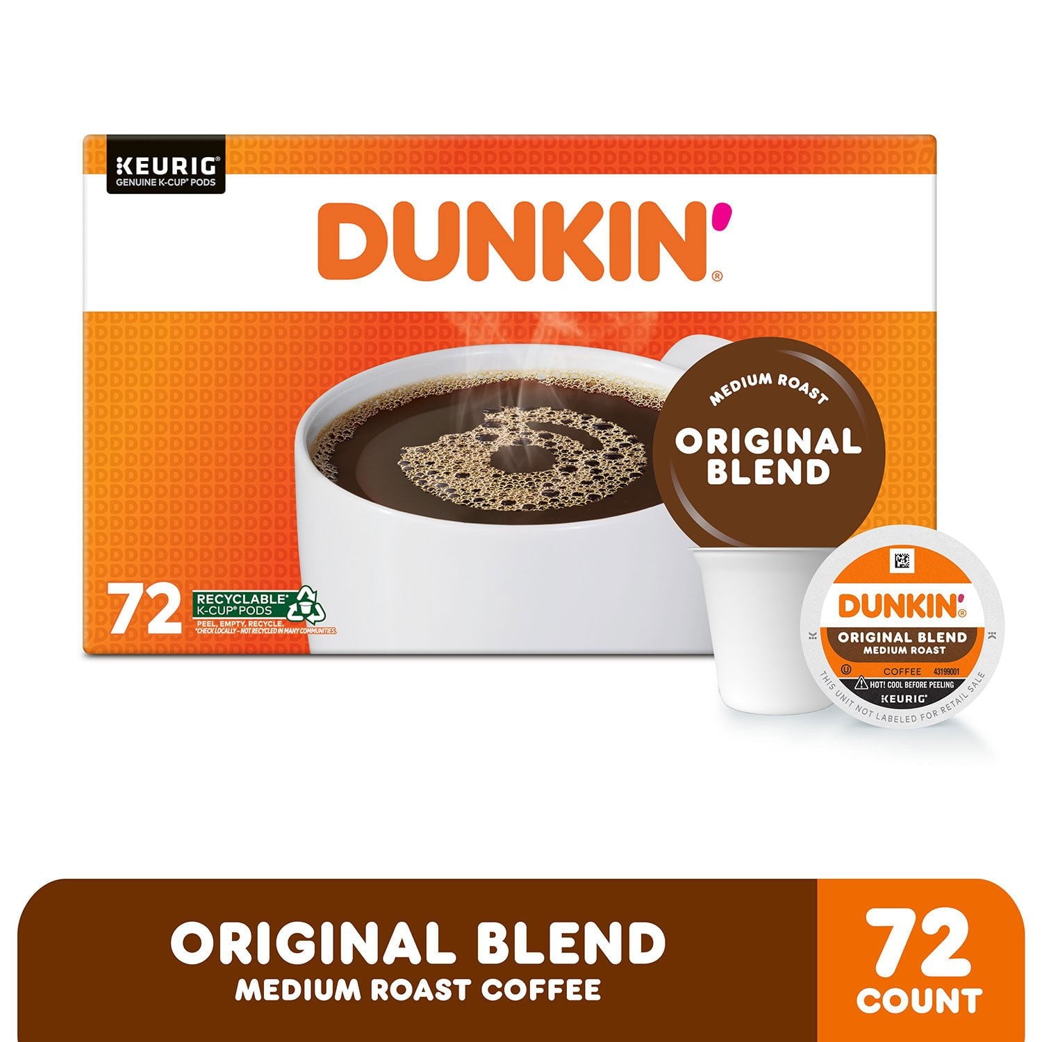 ダンキンドーナツ ミディアムロースト K-Cup コーヒーポッド、オリジナルブレンド、72 個入り。