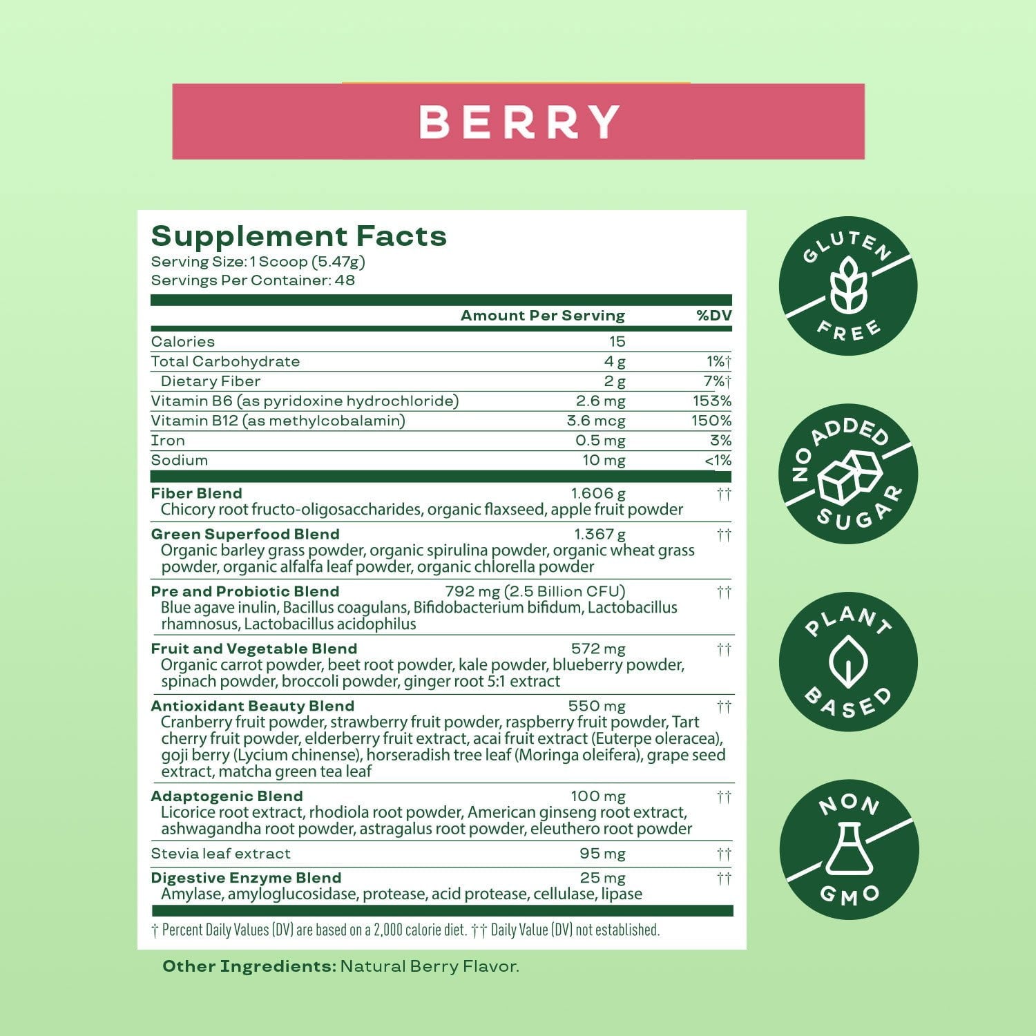 Bloom Nutrition グリーン＆スーパーフードパウダー、ベリー、0.5 ポンド。