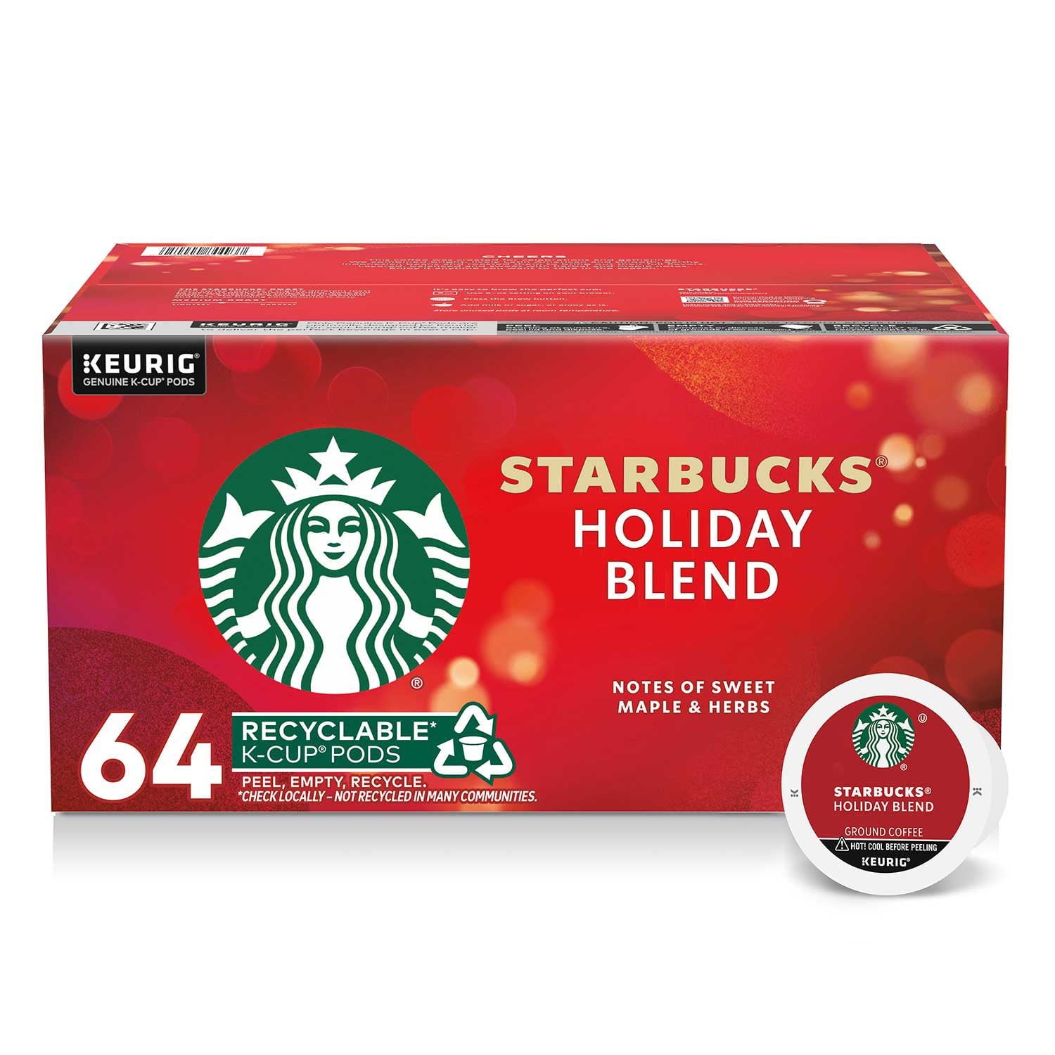 スターバックス ホリデーブレンドコーヒー K-カップ、64 個入り。