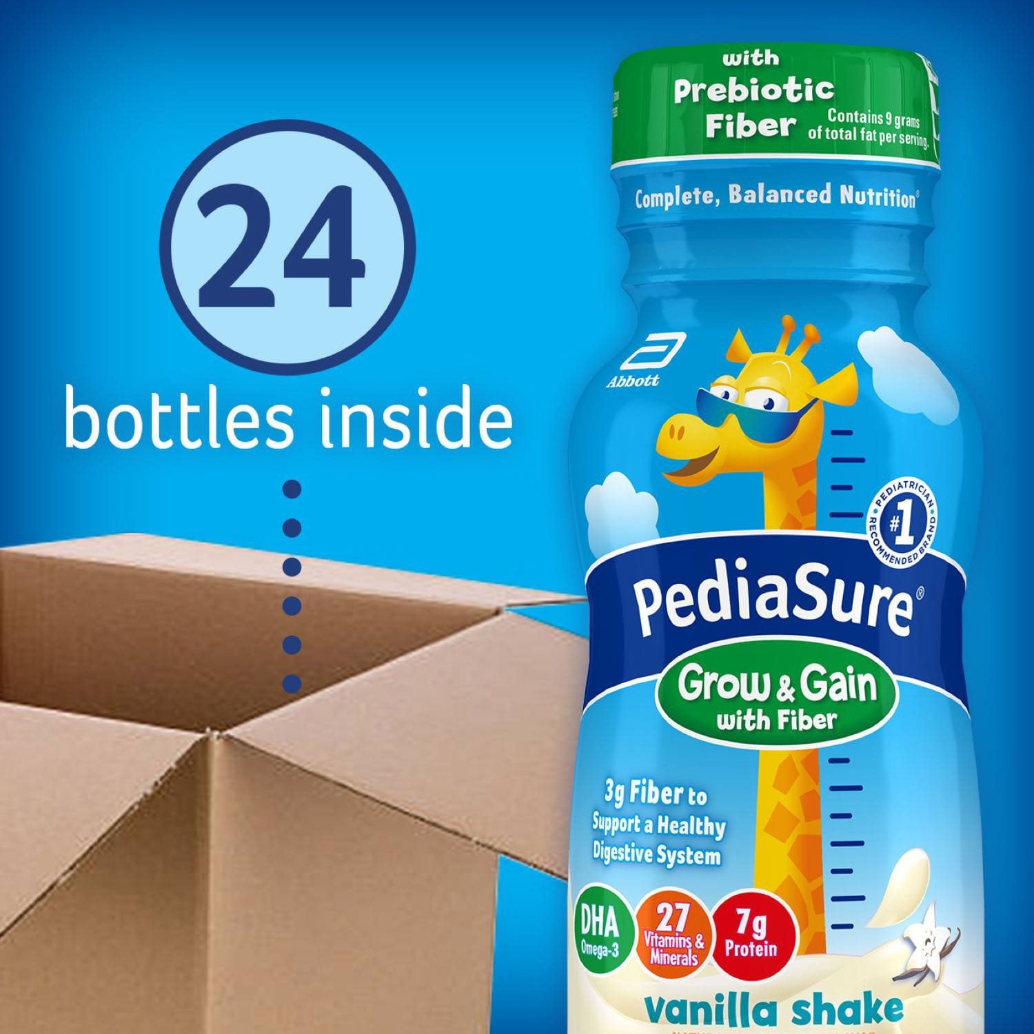PediaSure Grow and Gain 子供用繊維入り栄養シェイク、バニラ、8 液量オンス、24 パック。