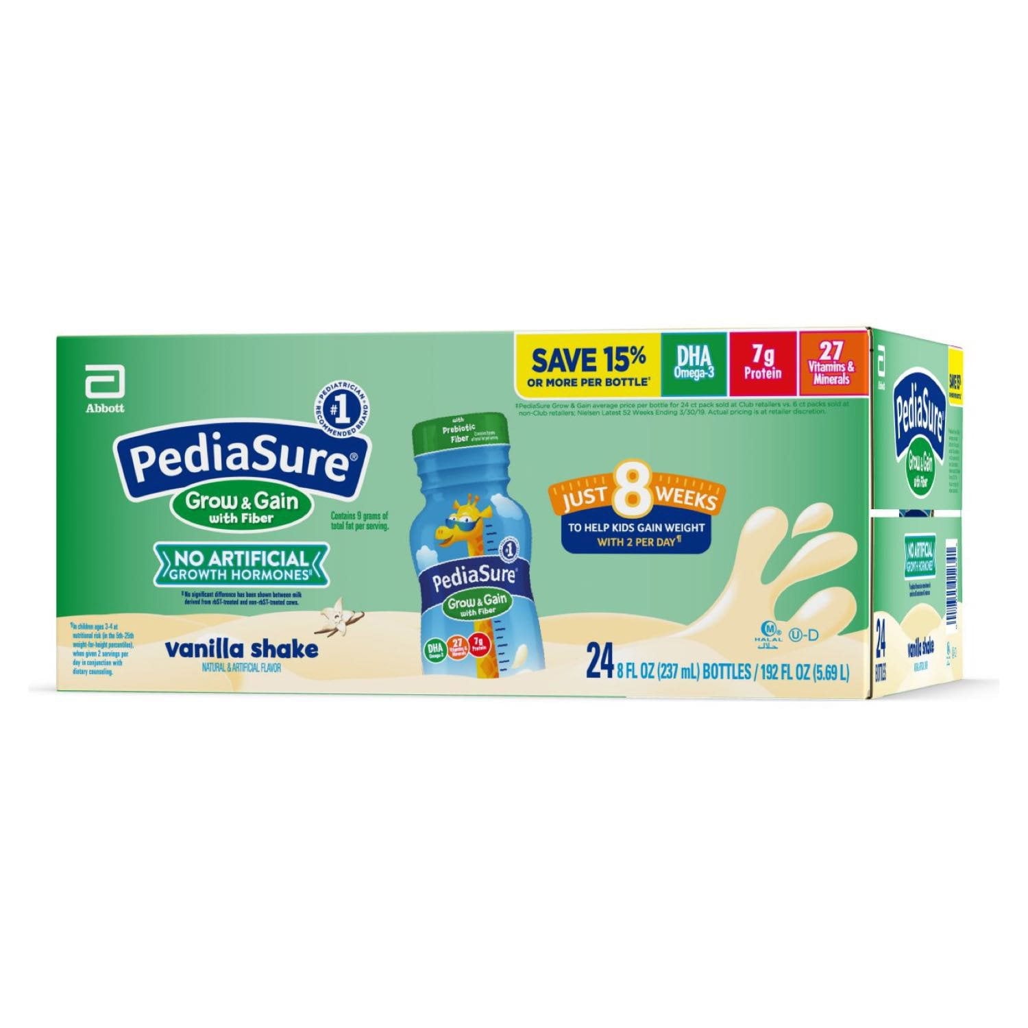 PediaSure Grow and Gain 子供用繊維入り栄養シェイク、バニラ、8 液量オンス、24 パック。